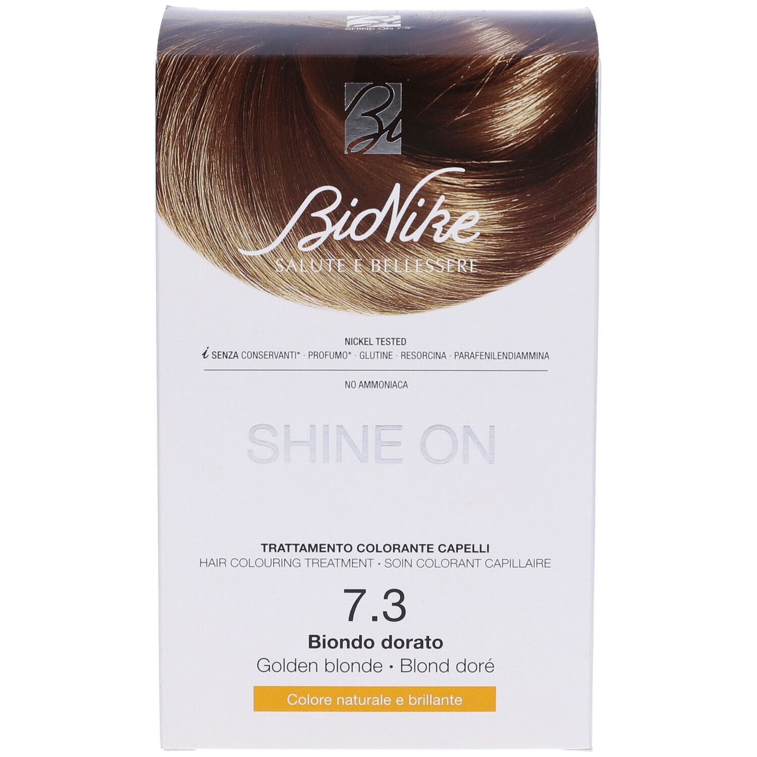 BioNike Shine On 7.3 Biondo Dorato. Haarfarbepackung. Goldblond. Aufdrucke: Marke, Produktname, Inhaltsstoffe, Farbton.