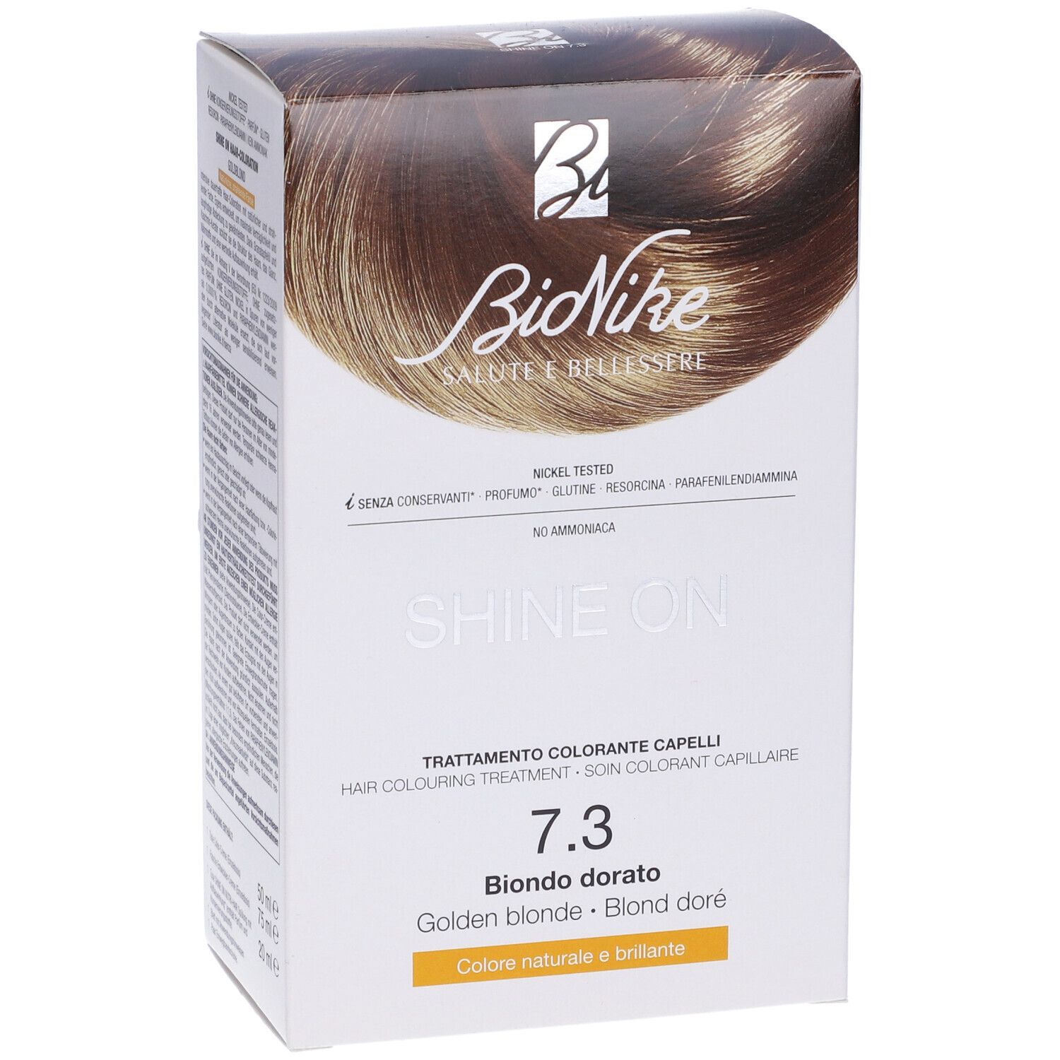 BioNike Shine On 7.3 Biondo Dorato. Haarfarbepackung. Goldblond. Aufdrucke: Marke, Produktname, Inhaltsstoffe, Farbton.