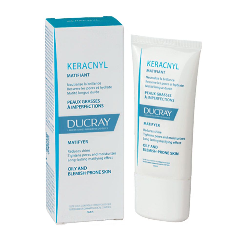 Produktverpackung mit Tube und Schachtel. Enthält Keracnyl Matifyer. Reduziert Glanz, verfeinert Poren, spendet Feuchtigkeit.