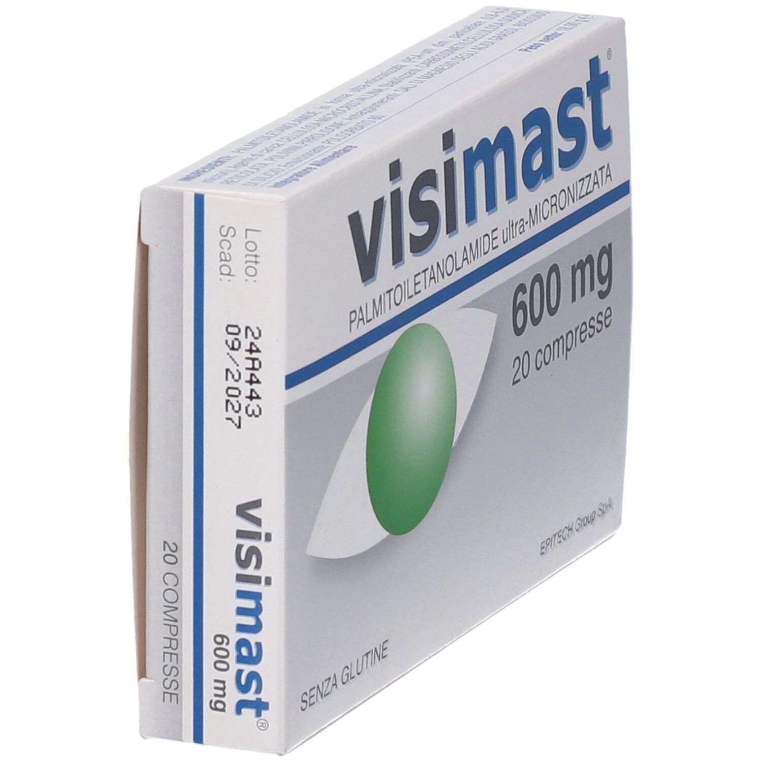 Visimast 600 mg, 20 Tabletten, glutenfrei. Seitenansicht mit Chargennummer und Verfallsdatum.