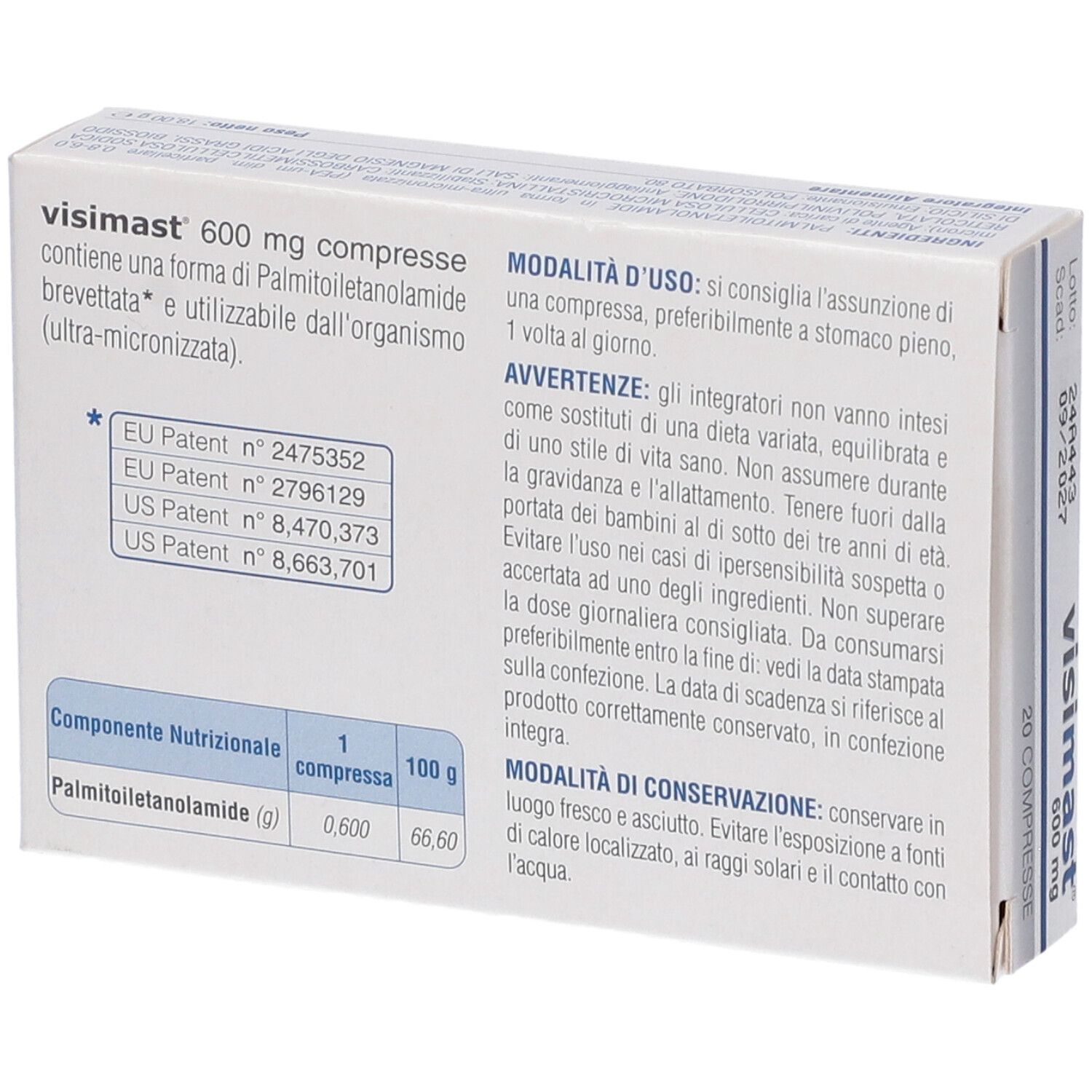 Rückseite der Visimast 600 mg Packung mit Nährwertangaben und Patentinformationen.