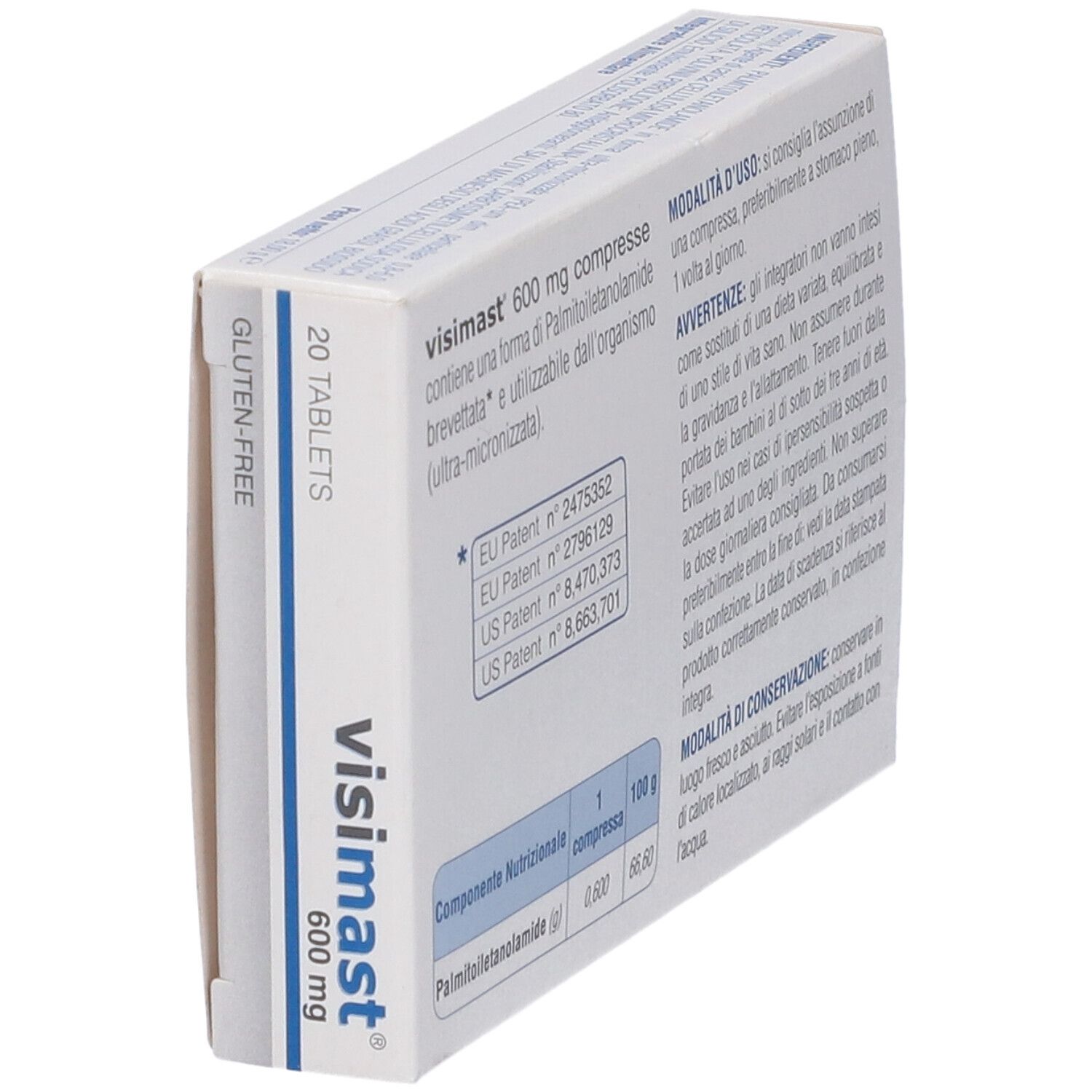 Seitenansicht der Visimast 600 mg Packung, glutenfrei, 20 Tabletten.