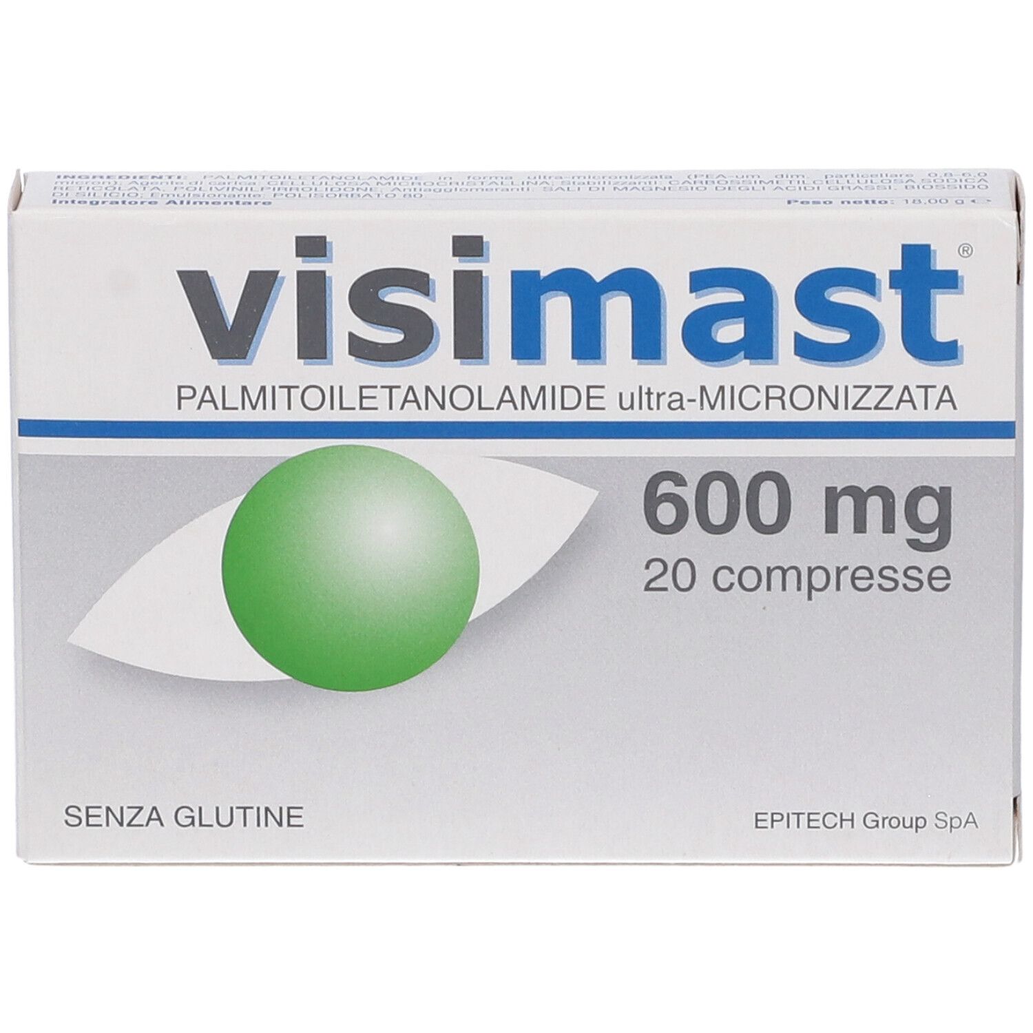Visimast 600 mg, 20 Tabletten, glutenfrei. Vorderseite mit Augen-Symbol.