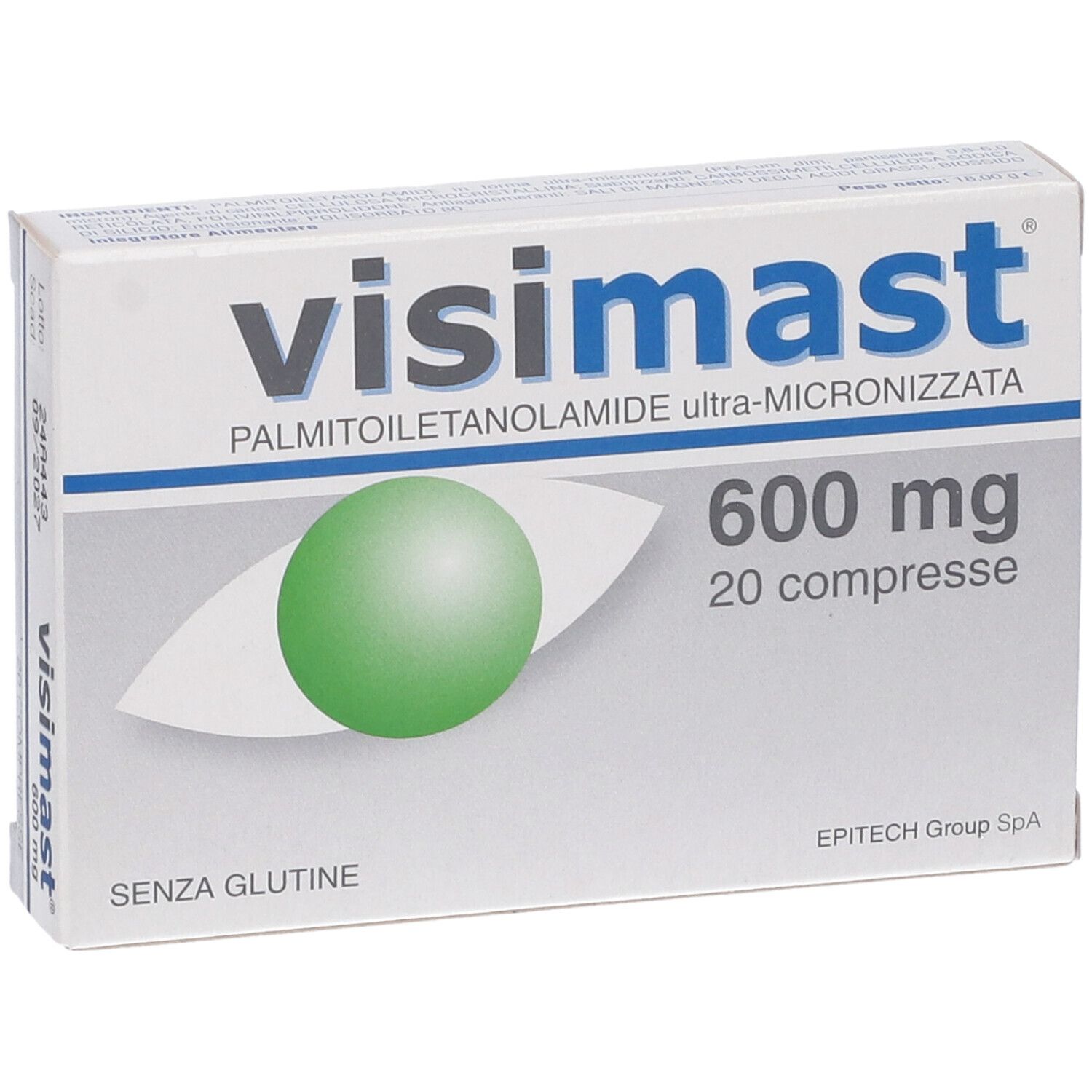 Visimast 600 mg, 20 Tabletten, glutenfrei. Vorderseite mit Augen-Symbol und Herstellerangabe.