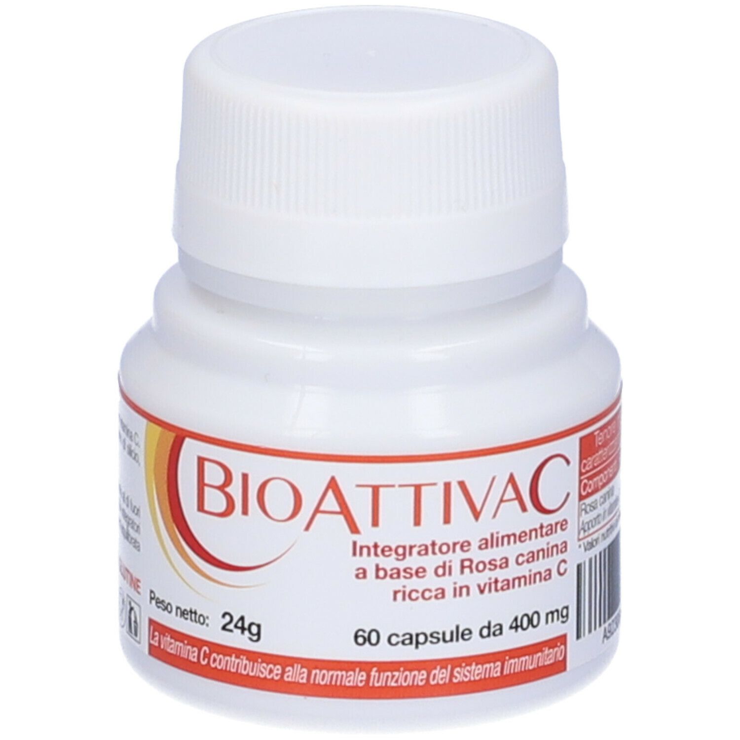 Weiße Flasche mit Kapseln. Aufschrift: BIOATTIVAC, Nahrungsergänzungsmittel mit Vitamin C. 60 Kapseln. Gewicht 24g.