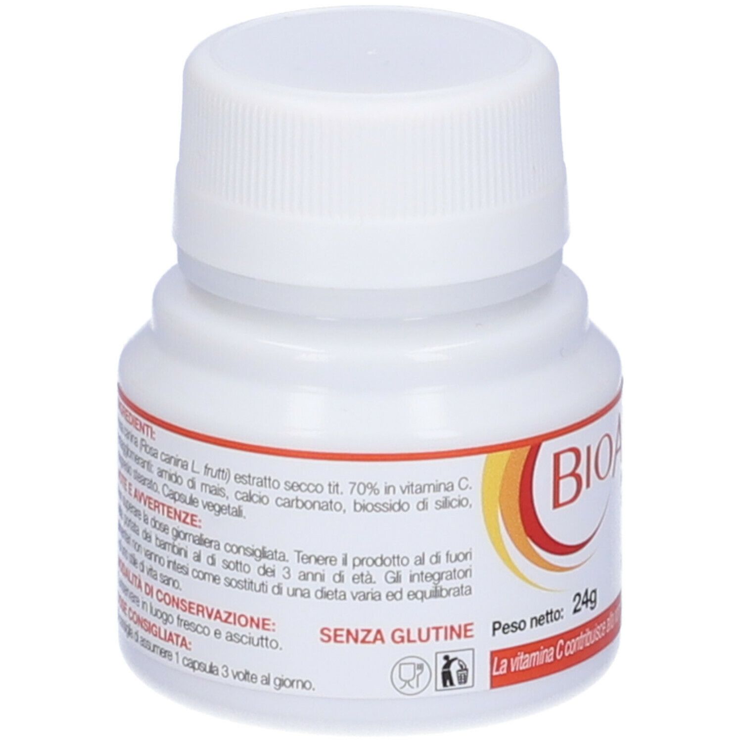 Rückseite der weißen Flasche mit Kapseln. Aufschrift: BIOATTIVAC, Nahrungsergänzungsmittel. Zutatenliste, Warnhinweise, Hinweise zur Lagerung.