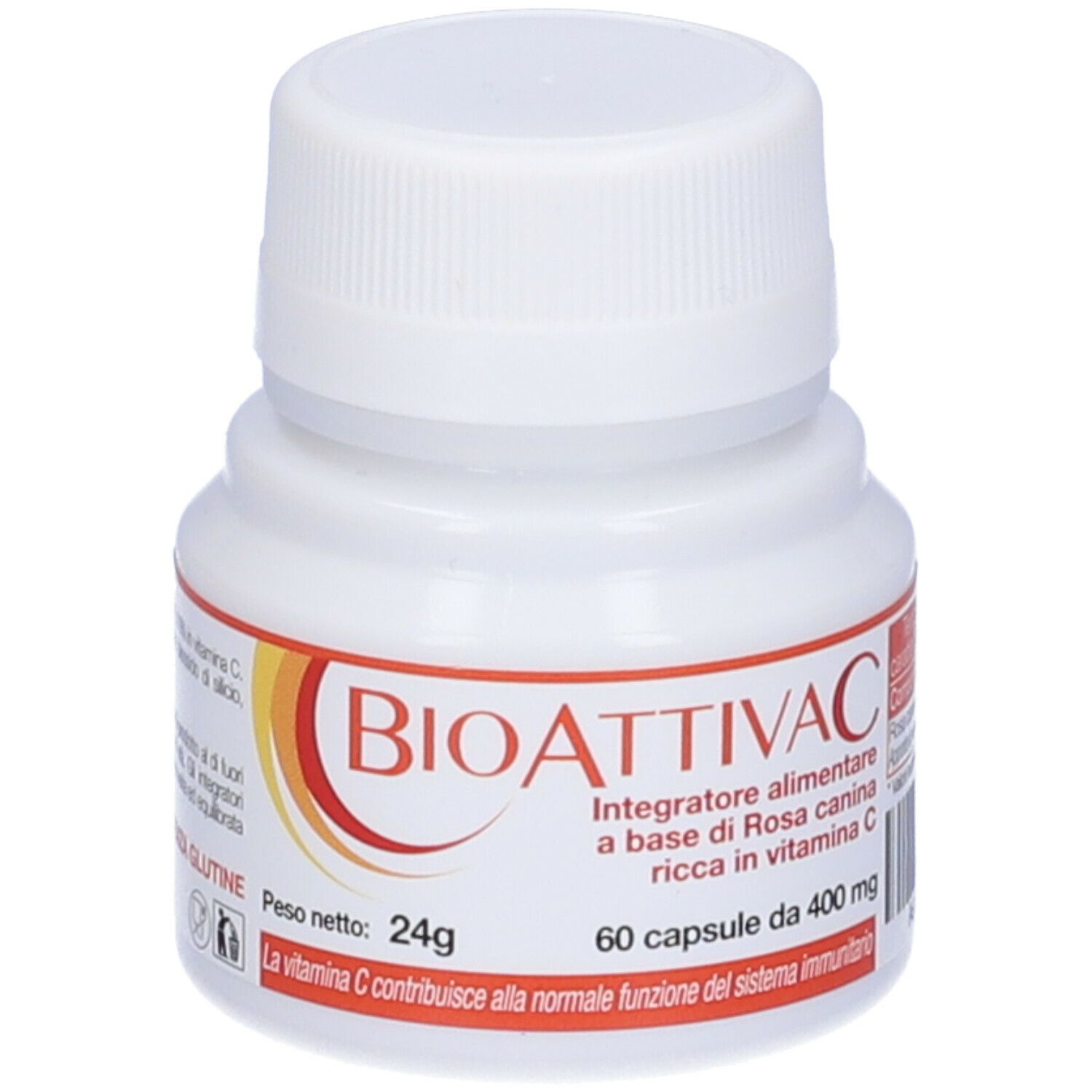 Weiße Flasche mit Kapseln. Aufschrift: BIOATTIVAC, Nahrungsergänzungsmittel mit Vitamin C. 60 Kapseln. Gewicht 24g. Ohne Gluten.