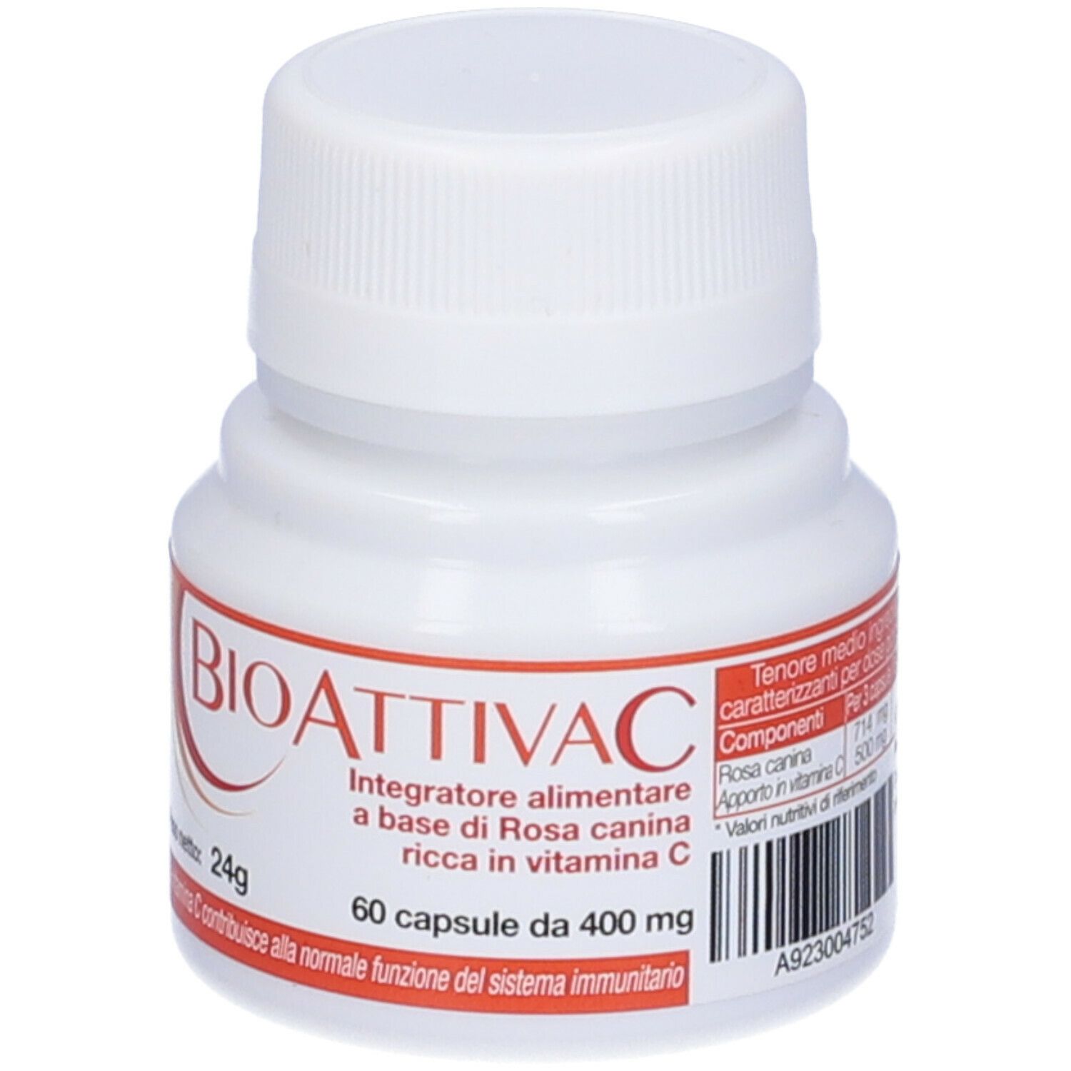 Weiße Flasche mit Kapseln. Aufschrift: BIOATTIVAC, Nahrungsergänzungsmittel mit Vitamin C. 60 Kapseln. Gewicht 24g. Barcode und Chargennummer.