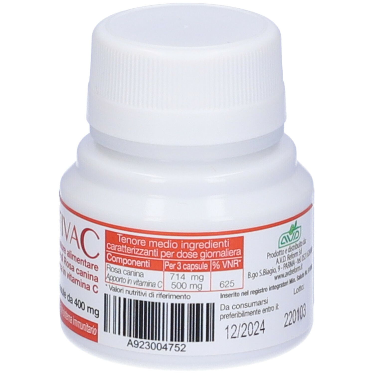 Rückseite der weißen Flasche mit Kapseln. Aufschrift: BIOATTIVAC, Inhaltsstoffe, Nährwertangaben, Chargennummer, Mindesthaltbarkeitsdatum.