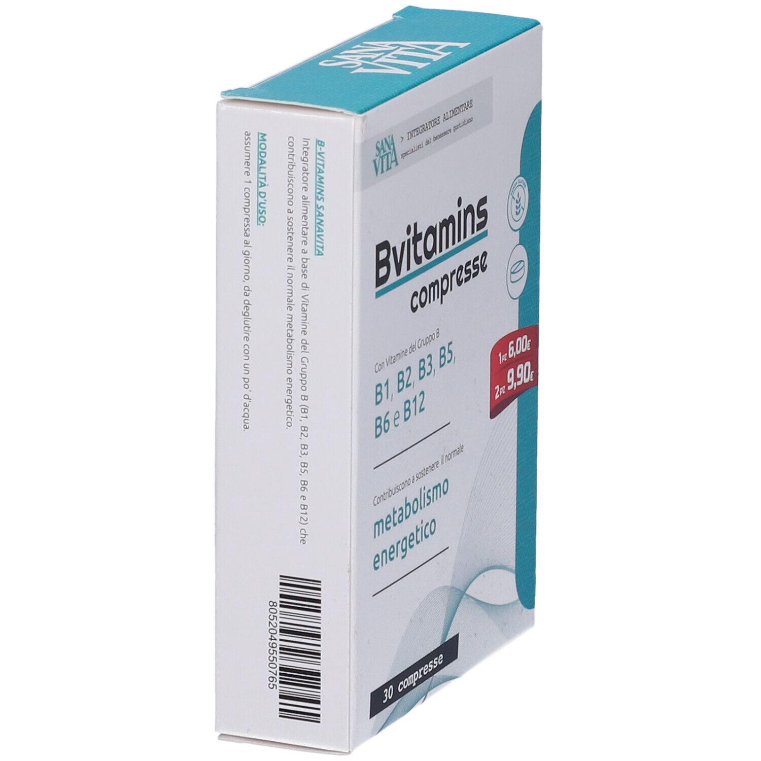 Schachtel mit B-Vitaminen. Enthält B1, B2, B3, B5, B6 und B12. 30 Tabletten. Barcode.