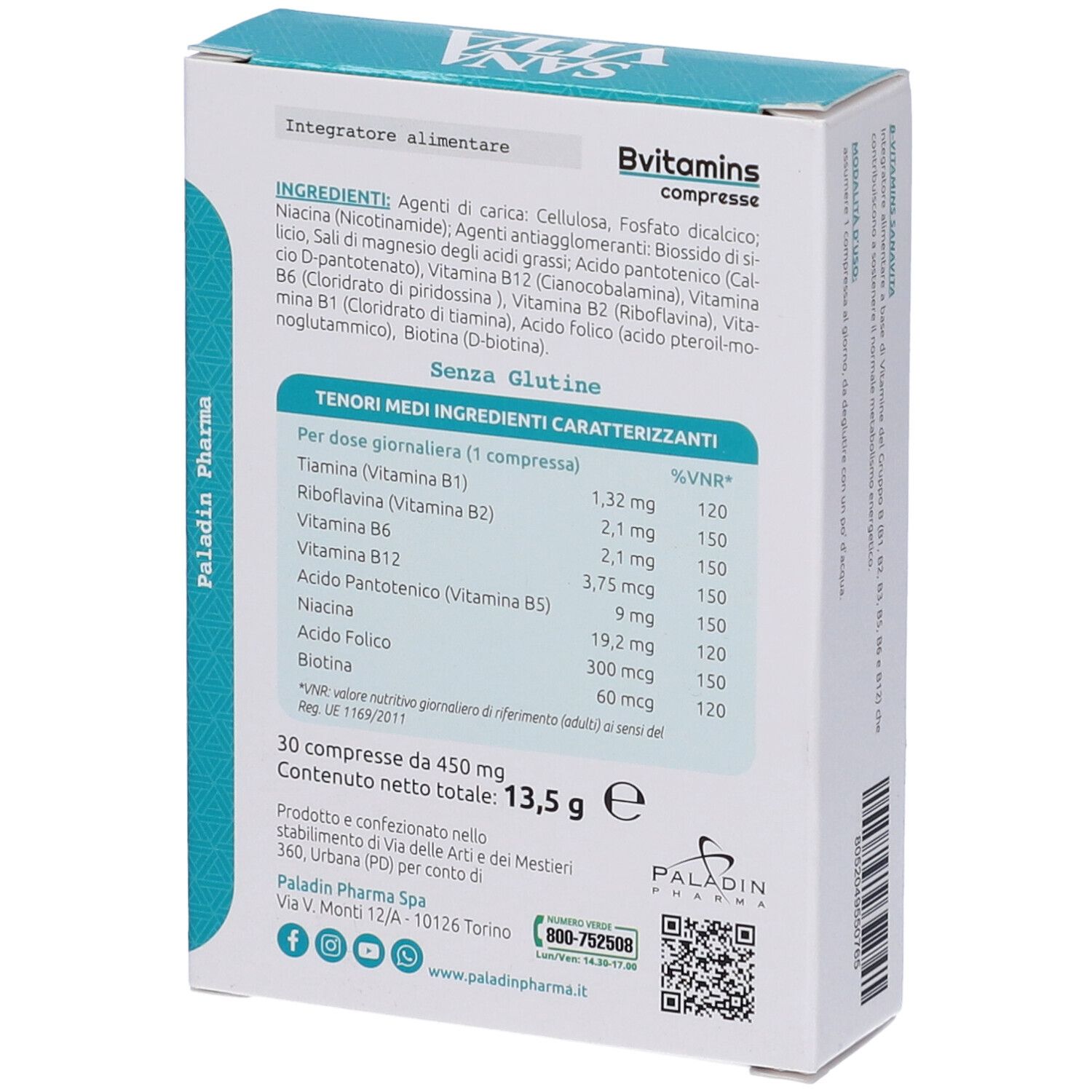 Rückseite der B-Vitamin-Verpackung. Zutatenliste, Nährwertangaben, Herstellerinformationen.
