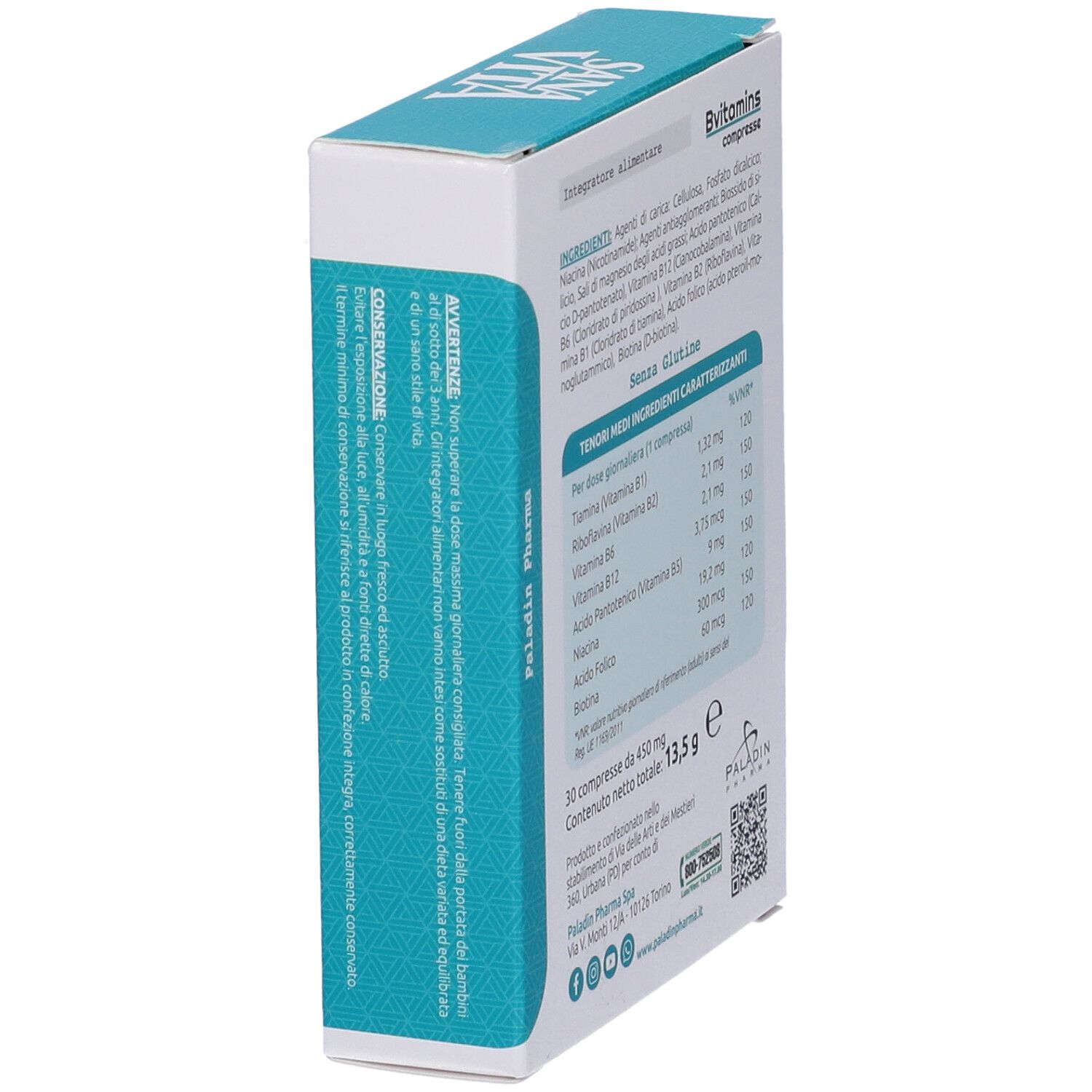 Seitenansicht der B-Vitamin-Verpackung. Zutatenliste, Nährwertangaben, Herstellerinformationen.