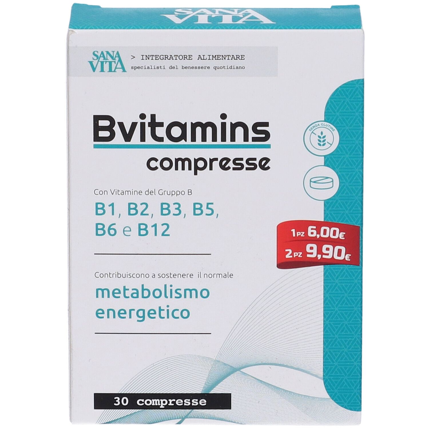 Verpackung mit B-Vitaminen. Enthält B1, B2, B3, B5, B6 und B12. 30 Tabletten. Preisangaben.