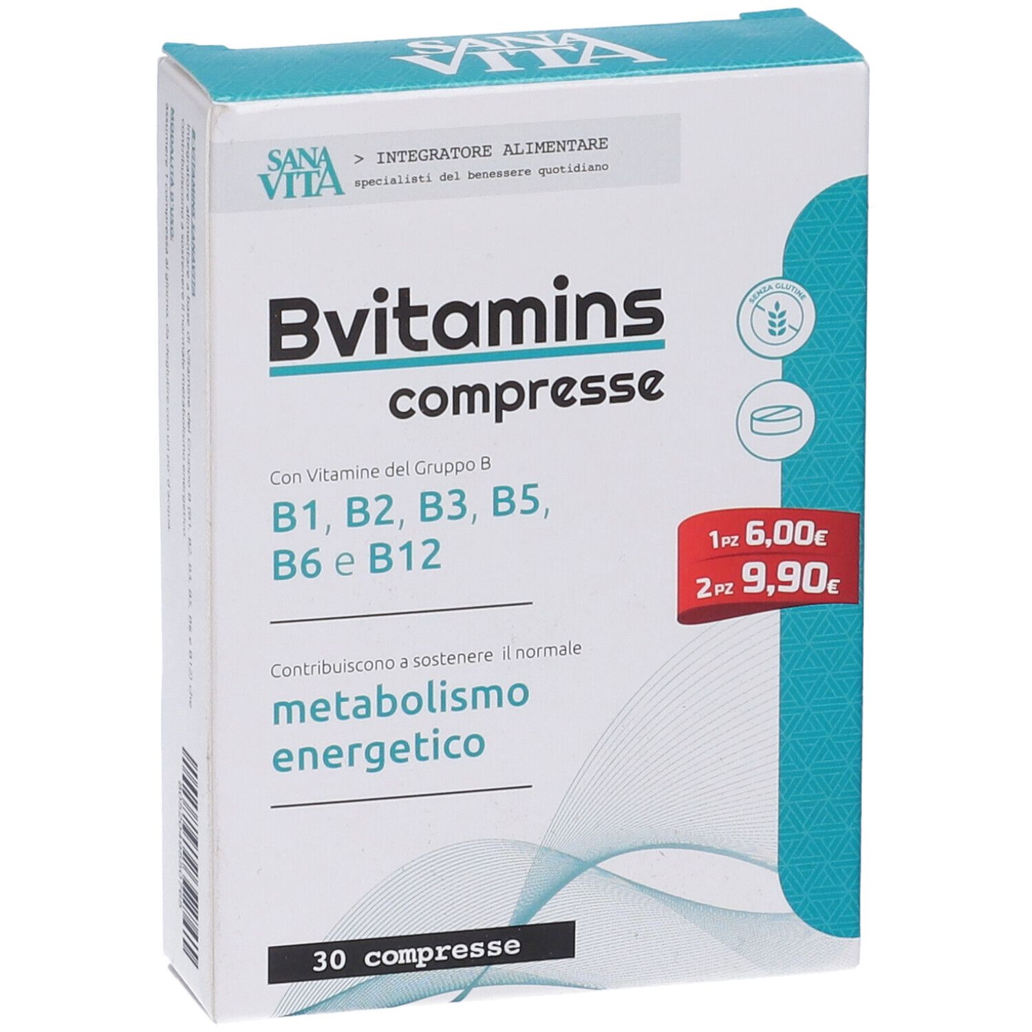 Verpackung mit B-Vitaminen. Enthält B1, B2, B3, B5, B6 und B12. 30 Tabletten. Preisangaben.