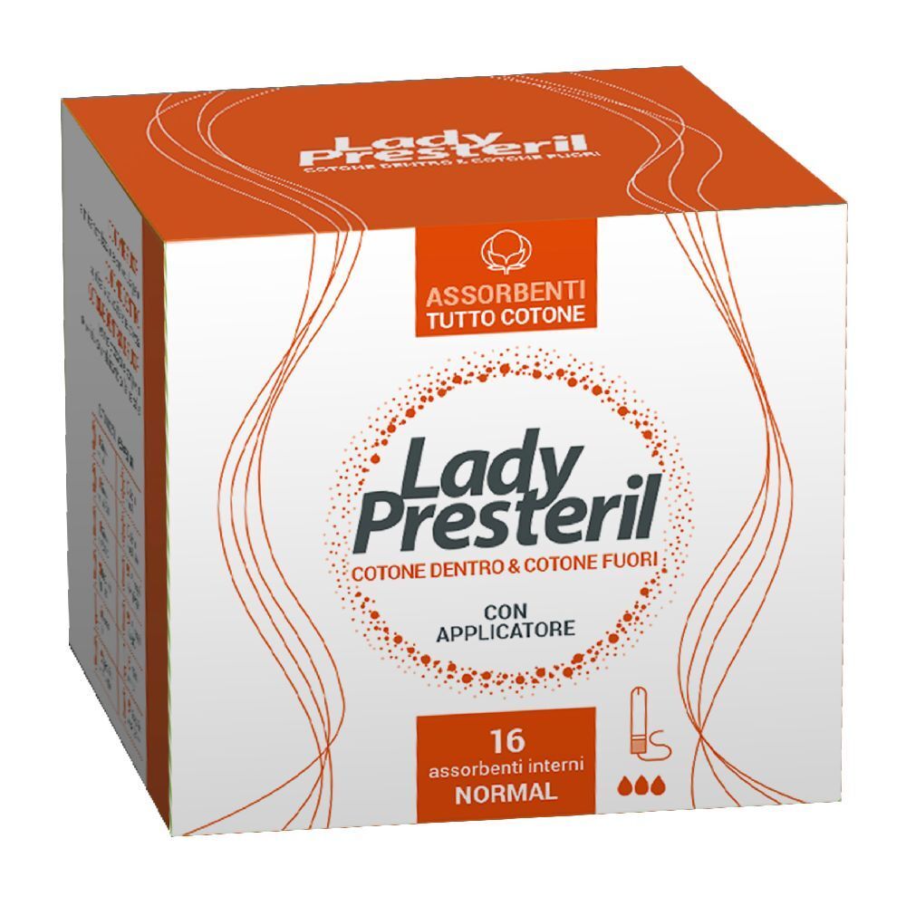 Boîte de tampons Lady Presteril. Design orange et blanc. Inscription : Assorbenti Tutto Cotone, 16 pièces, Normal.