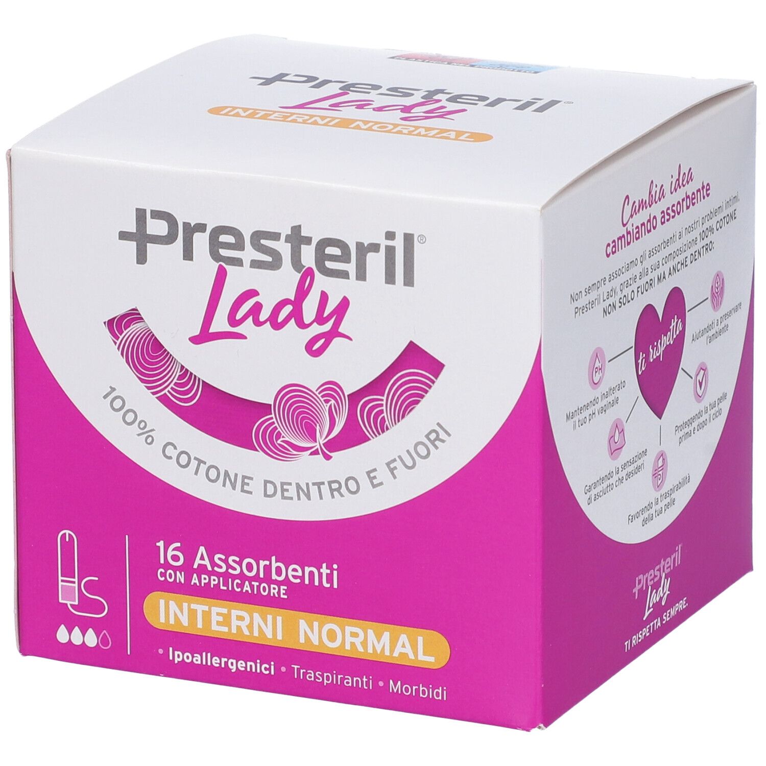 Boîte de tampons Presteril Lady. Design rose et blanc. Inscription : 16 Assorbenti Interni Normal, avec applicateur.
