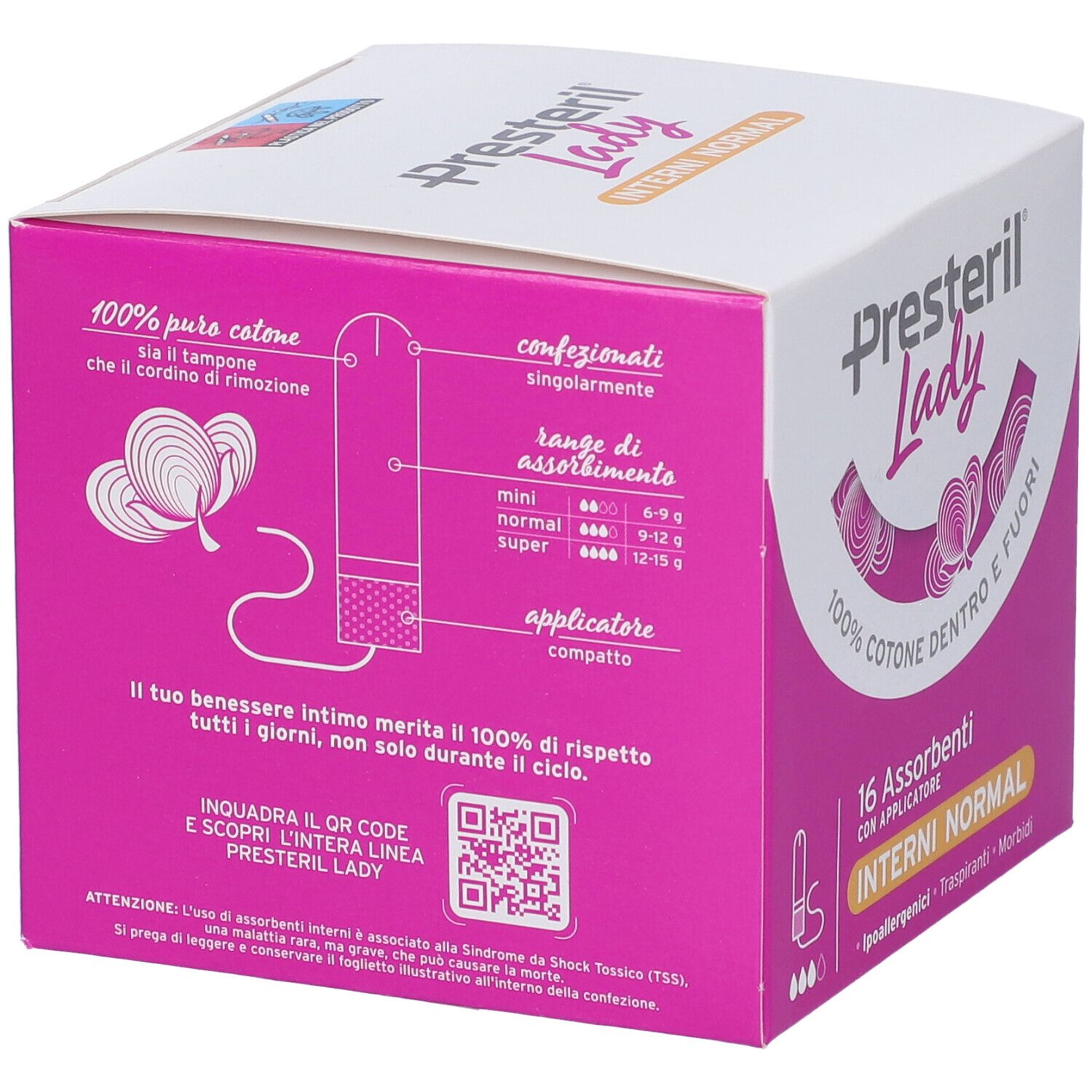 Boîte de tampons Presteril Lady. Design rose et blanc. Inscription : 16 Assorbenti Interni Normal, avec applicateur. QR code.