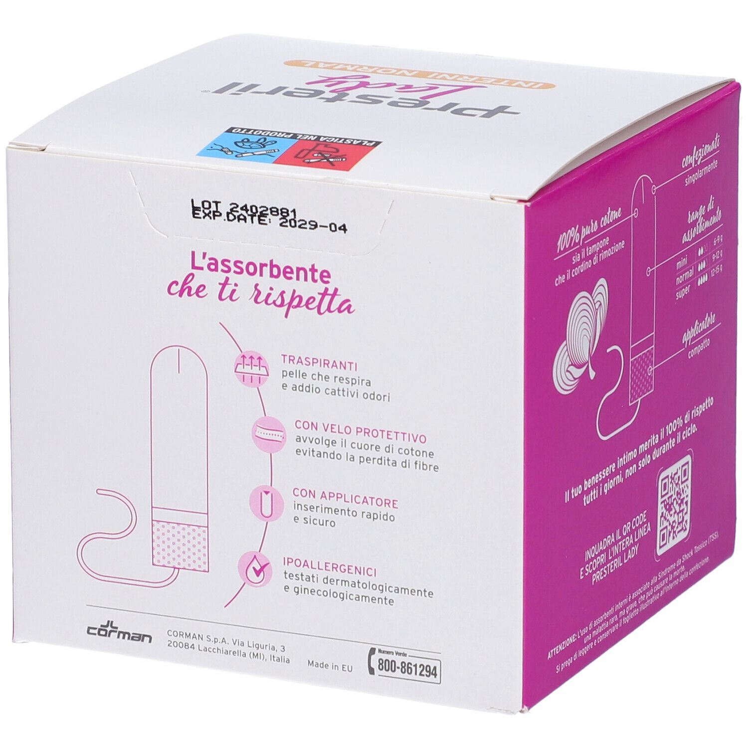 Boîte de tampons Presteril Lady. Design rose et blanc. Inscription : L'assorbente che ti rispetta. Détails et QR code.