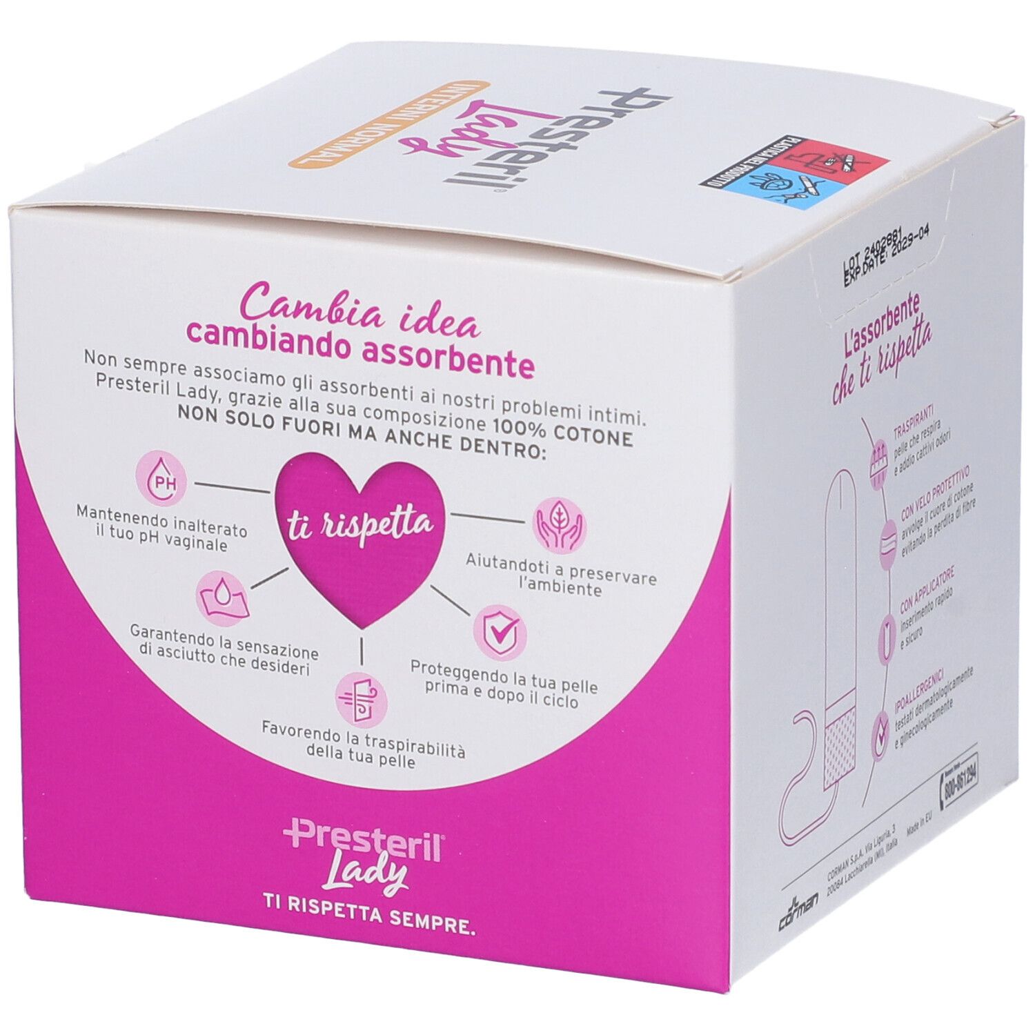 Boîte de tampons Presteril Lady. Design rose et blanc. Inscription : Cambia idea cambiando assorbente. Détails.