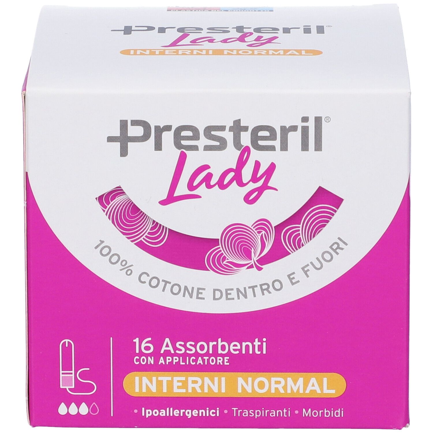 Boîte de tampons Presteril Lady. Design rose et blanc. Inscription : 16 Assorbenti con Applicatore Interni Normal.