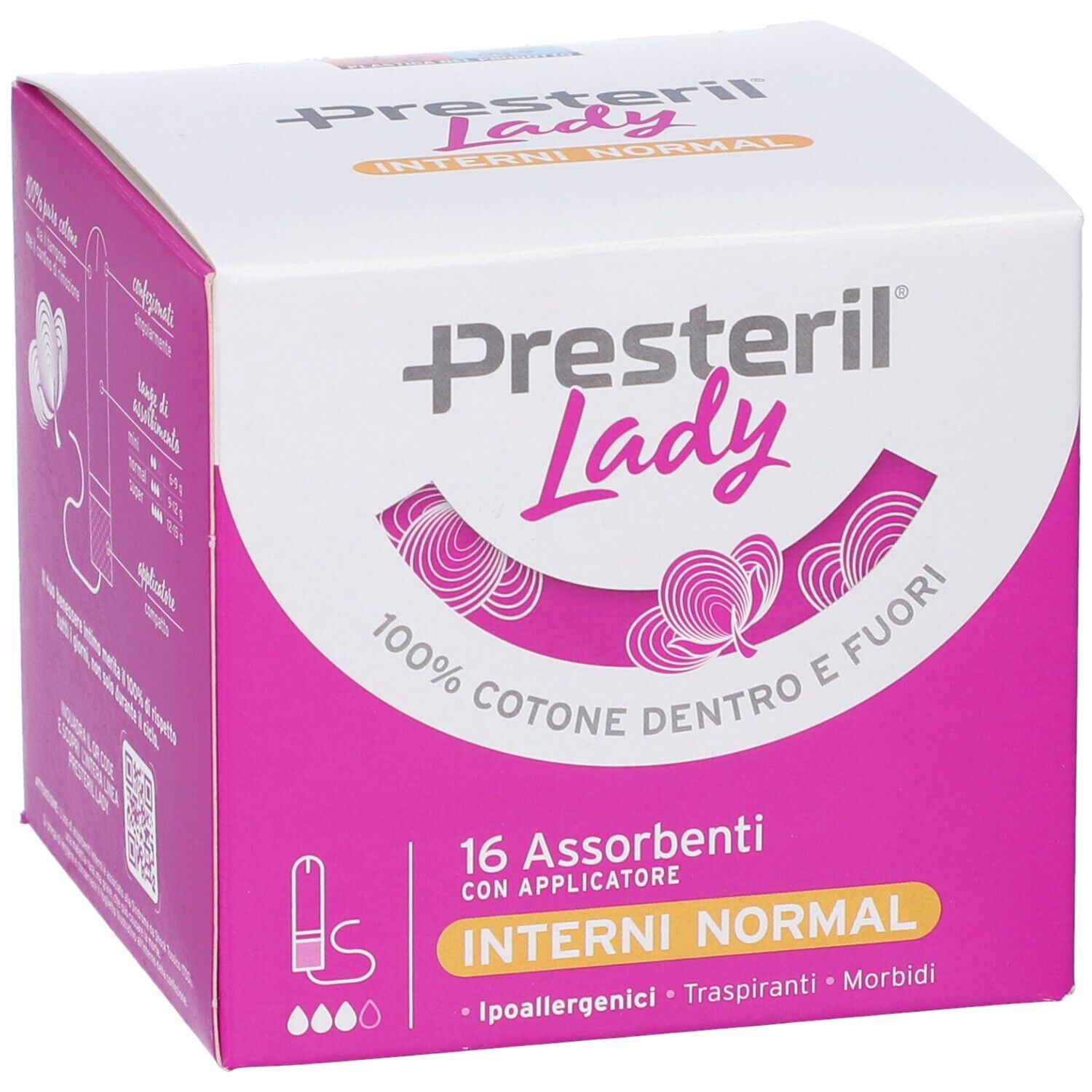 Boîte de tampons Presteril Lady. Design rose et blanc. Inscription : 16 Assorbenti con Applicatore Interni Normal.