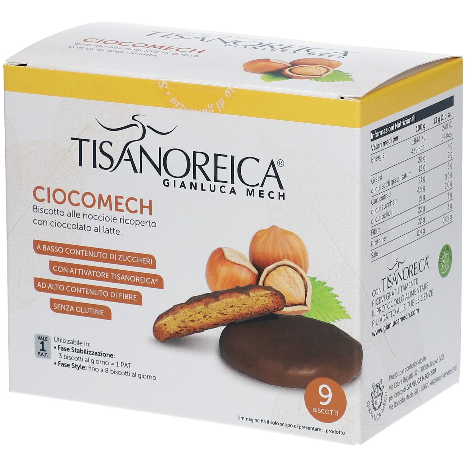Verpackung von Ciocomech-Keksen mit Haselnuss und Milchschokolade. Enthält 9 Kekse. Aufdrucke: Tisanoreica, Ciocomech, glutenfrei.