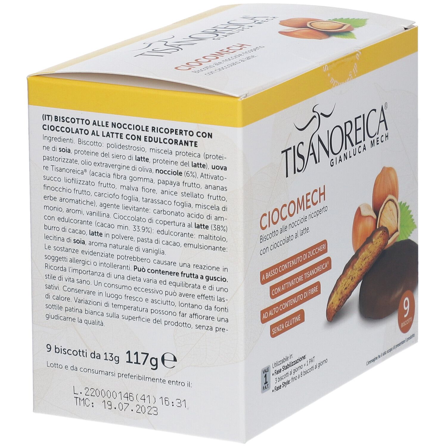 Rückseite der Ciocomech-Keksverpackung. Zutatenliste, Nährwertangaben und Informationen zur Verwendung. Aufdrucke: Tisanoreica, Ciocomech.