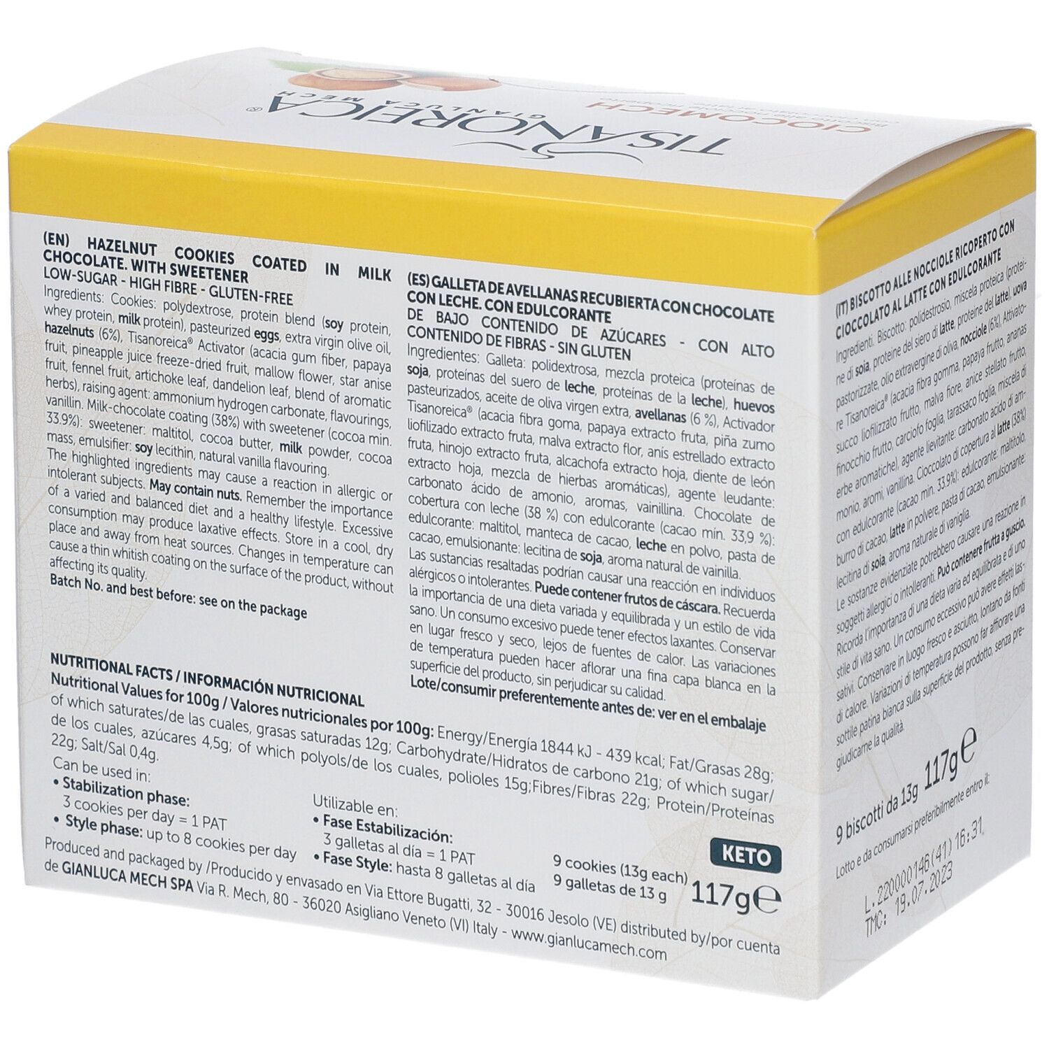 Seite der Ciocomech-Keksverpackung. Englische Übersetzung der Zutatenliste und Nährwertangaben. Aufdrucke: Tisanoreica, Ciocomech, Keto.