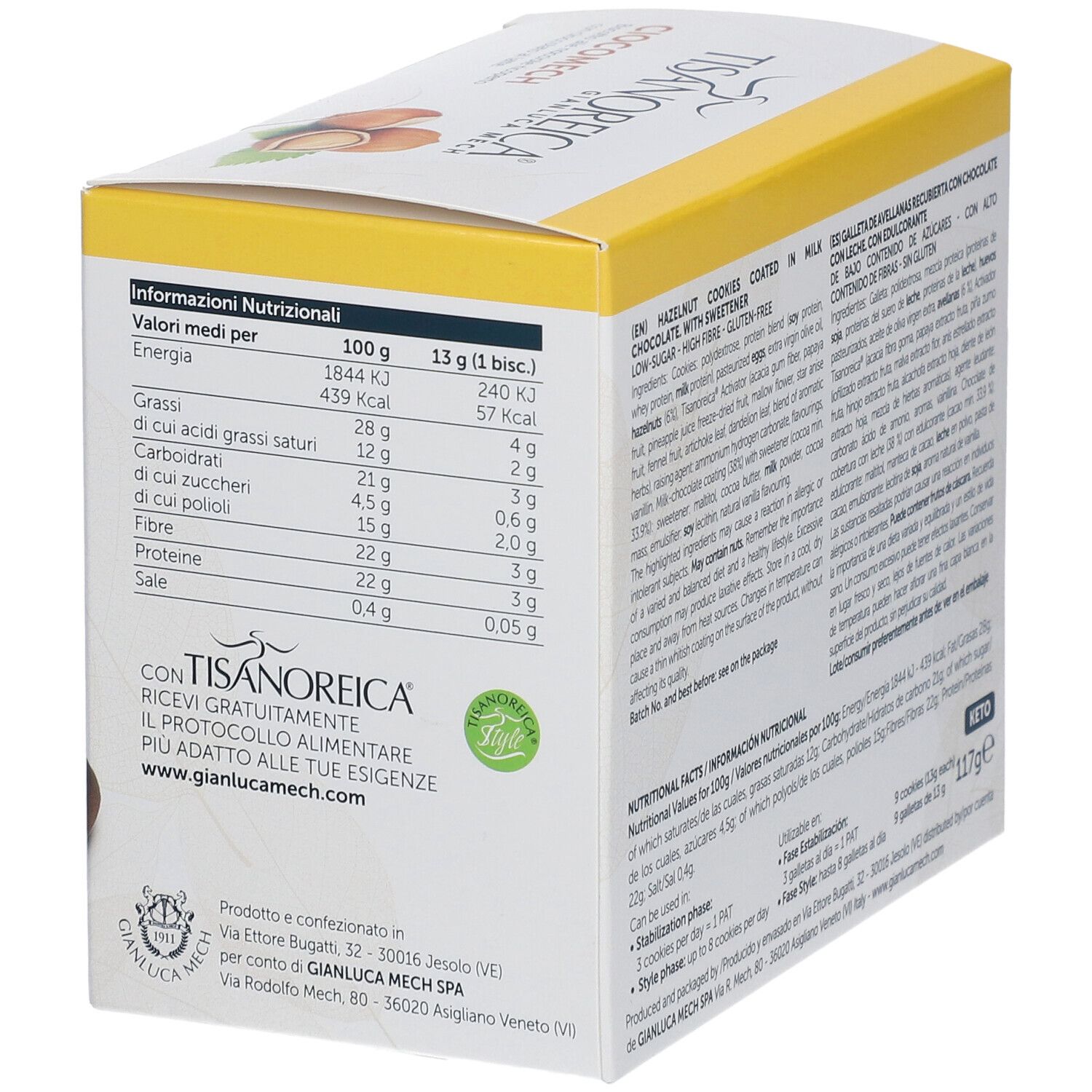 Rückseite der Ciocomech-Keksverpackung. Nährwertangaben pro 100g und pro Keks. Aufdrucke: Tisanoreica, Ciocomech.