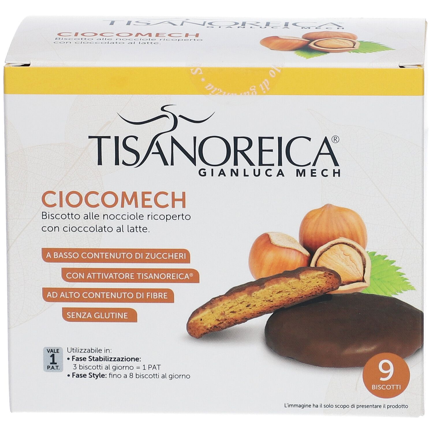 Verpackung von Ciocomech-Keksen mit Haselnuss und Milchschokolade. Enthält 9 Kekse. Aufdrucke: Tisanoreica, Ciocomech, glutenfrei.