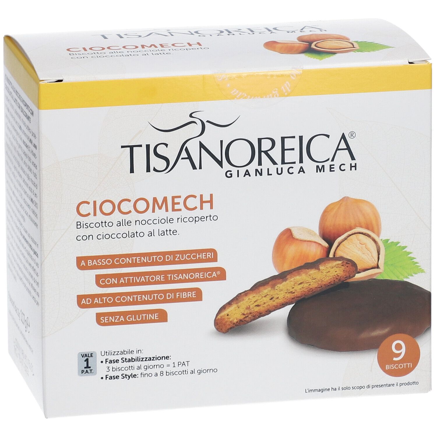 Verpackung von Ciocomech-Keksen mit Haselnuss und Milchschokolade. Enthält 9 Kekse. Aufdrucke: Tisanoreica, Ciocomech, glutenfrei.