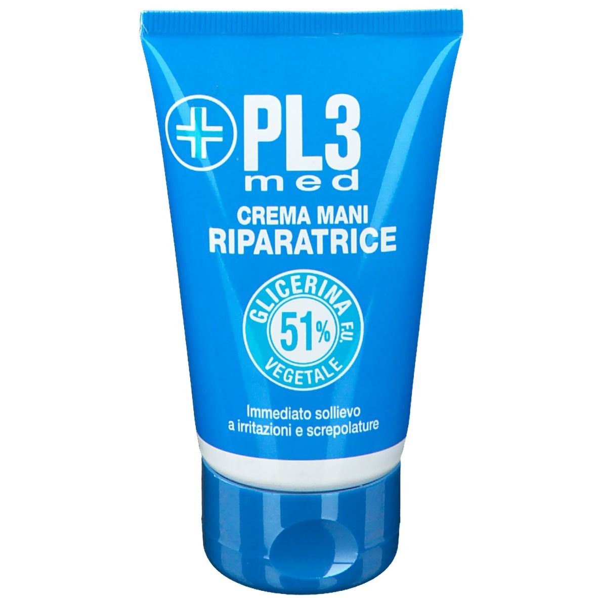 Blaue Tube mit "PL3 med"-Logo und "CREMA MANI RIPARATRICE"-Schriftzug. Enthält 51% pflanzliches Glycerin.