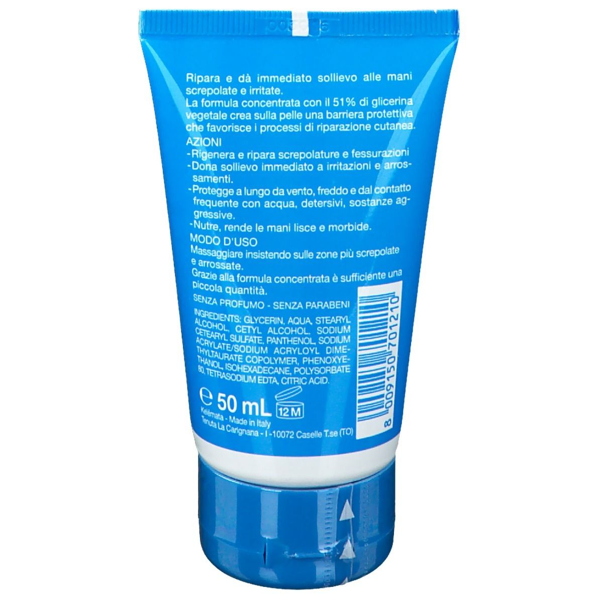 Rückseite der blauen Tube. Textinformationen, Inhaltsstoffe, Volumen 50 ml, und Haltbarkeit 12M.
