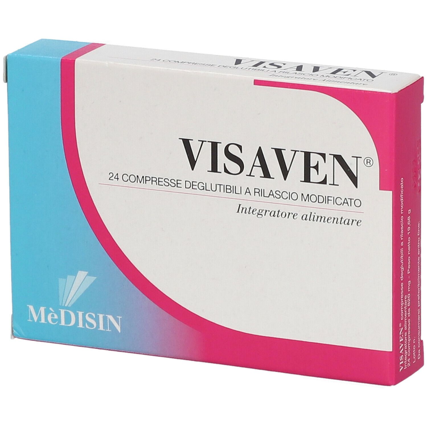 Boîte de VISAVEN® 24 comprimés. Blanc, rose et bleu. Inscriptions et logo.
