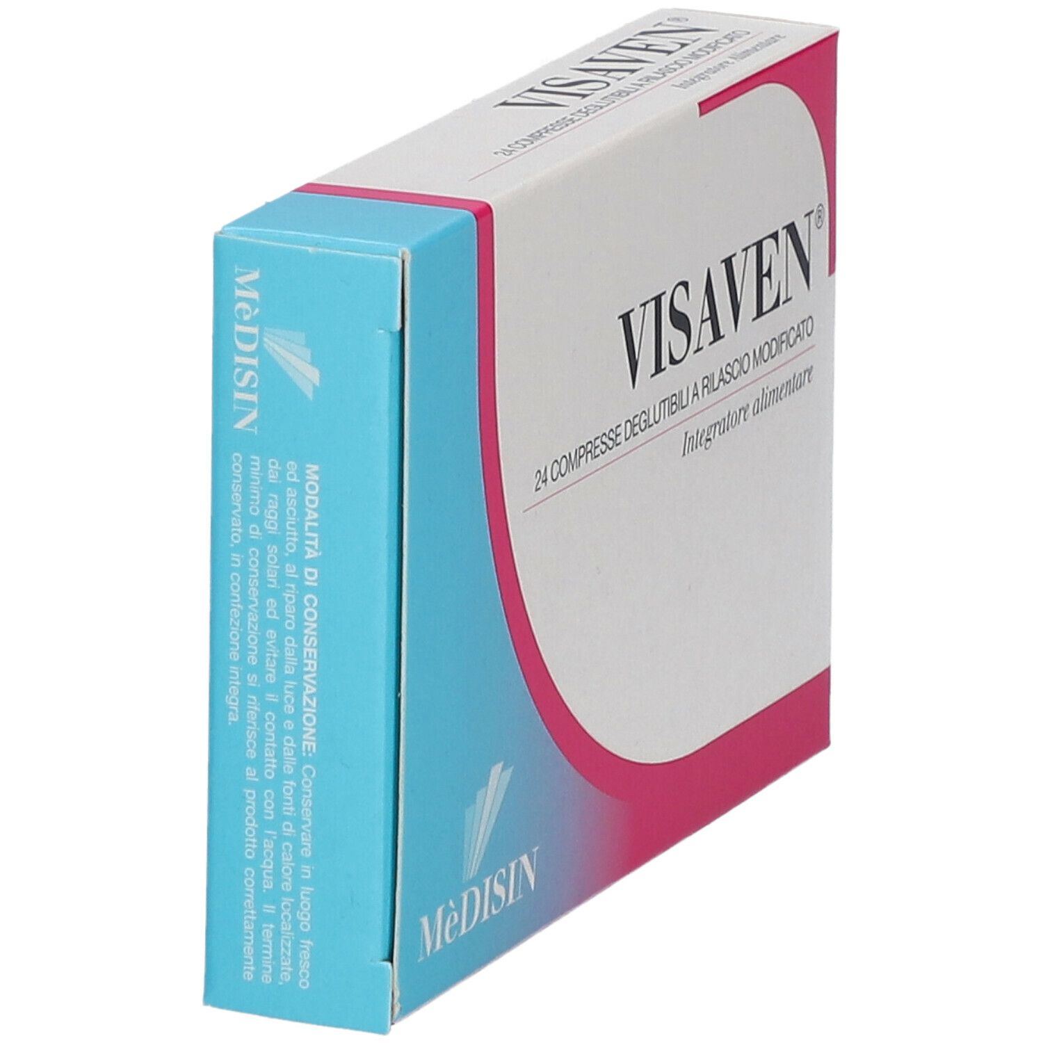 Boîte de VISAVEN® 24 comprimés. Blanc, rose et bleu. Inscriptions et logo.