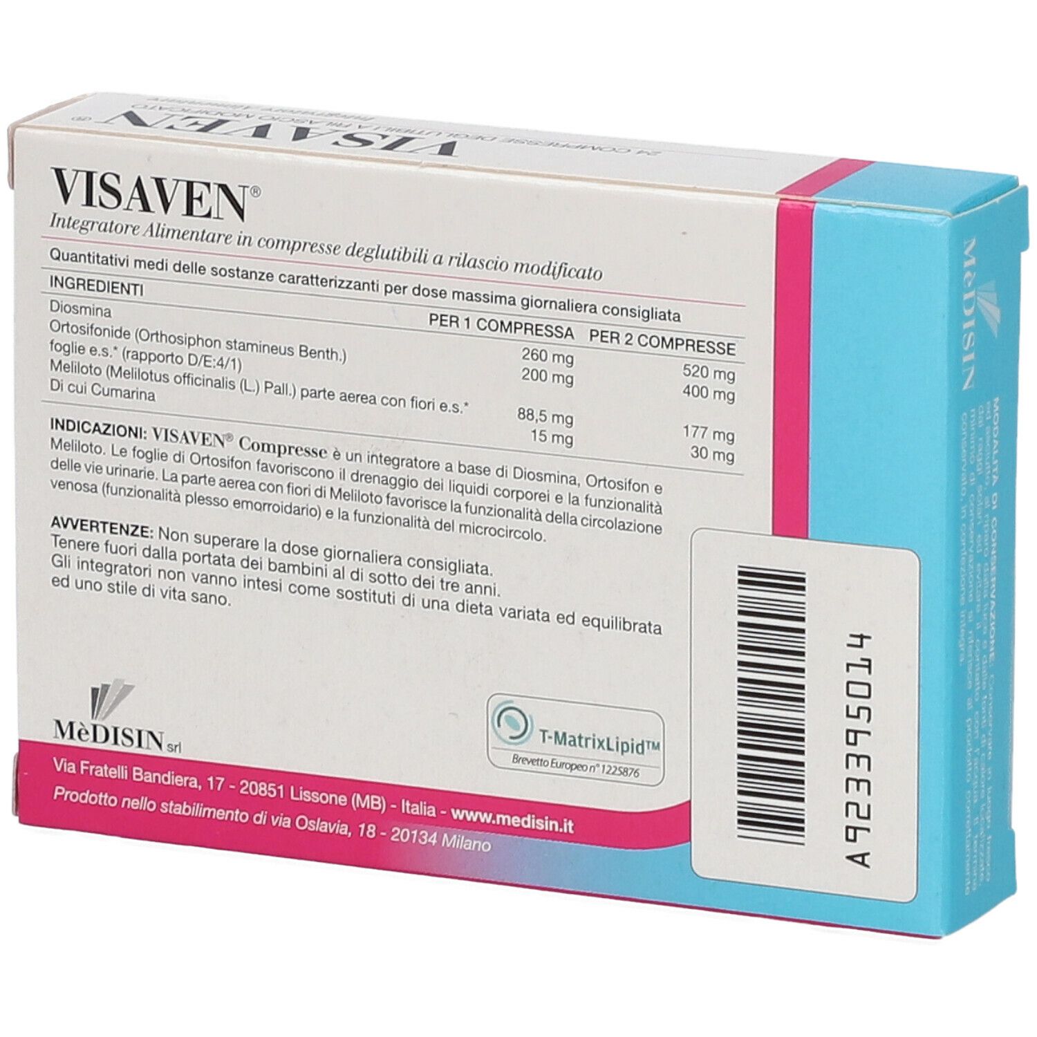 Boîte VISAVEN® 24 comprimés. Dos avec informations et logo.