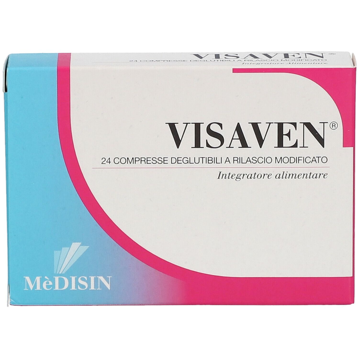 Boîte de VISAVEN® 24 comprimés. Blanc, rose et bleu. Inscriptions et logo.