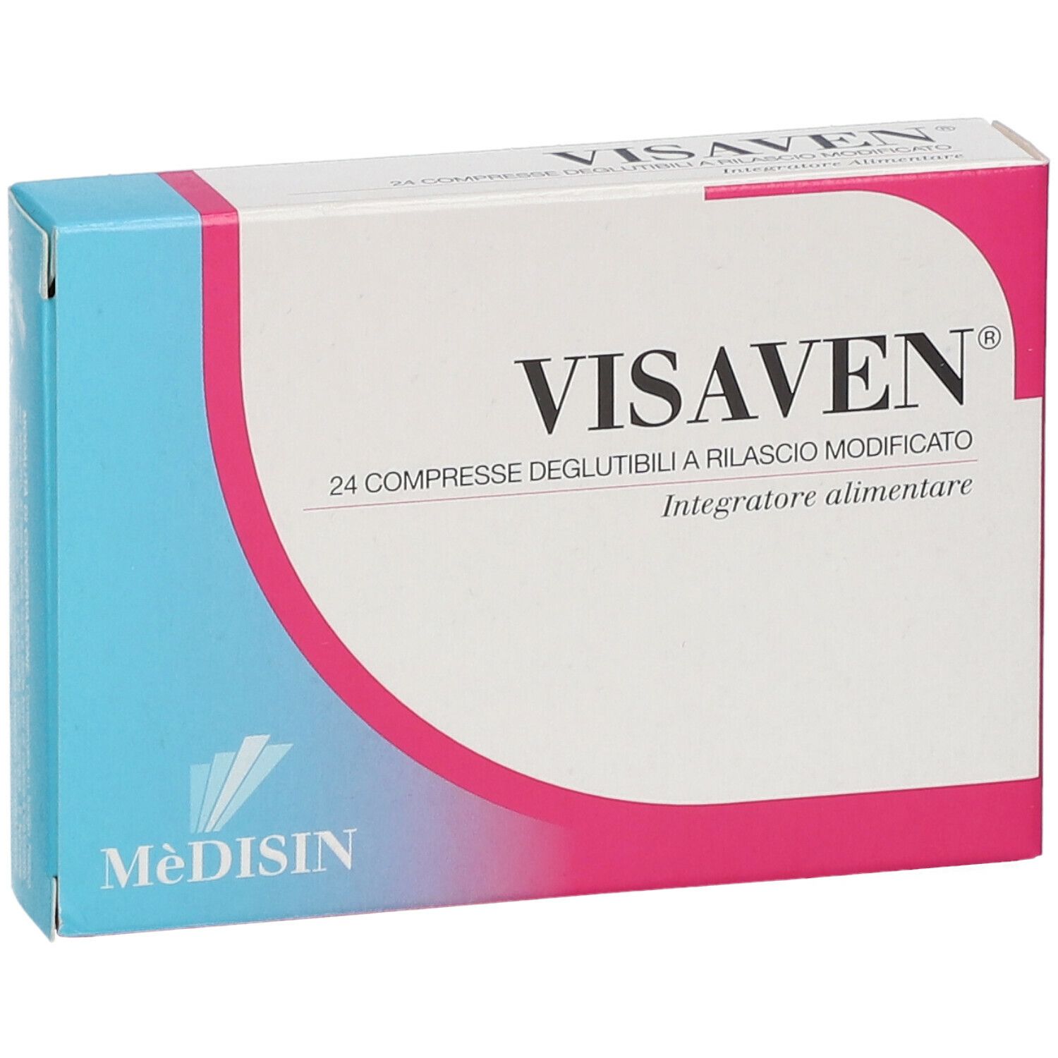 Boîte de VISAVEN® 24 comprimés. Blanc, rose et bleu. Inscriptions et logo.