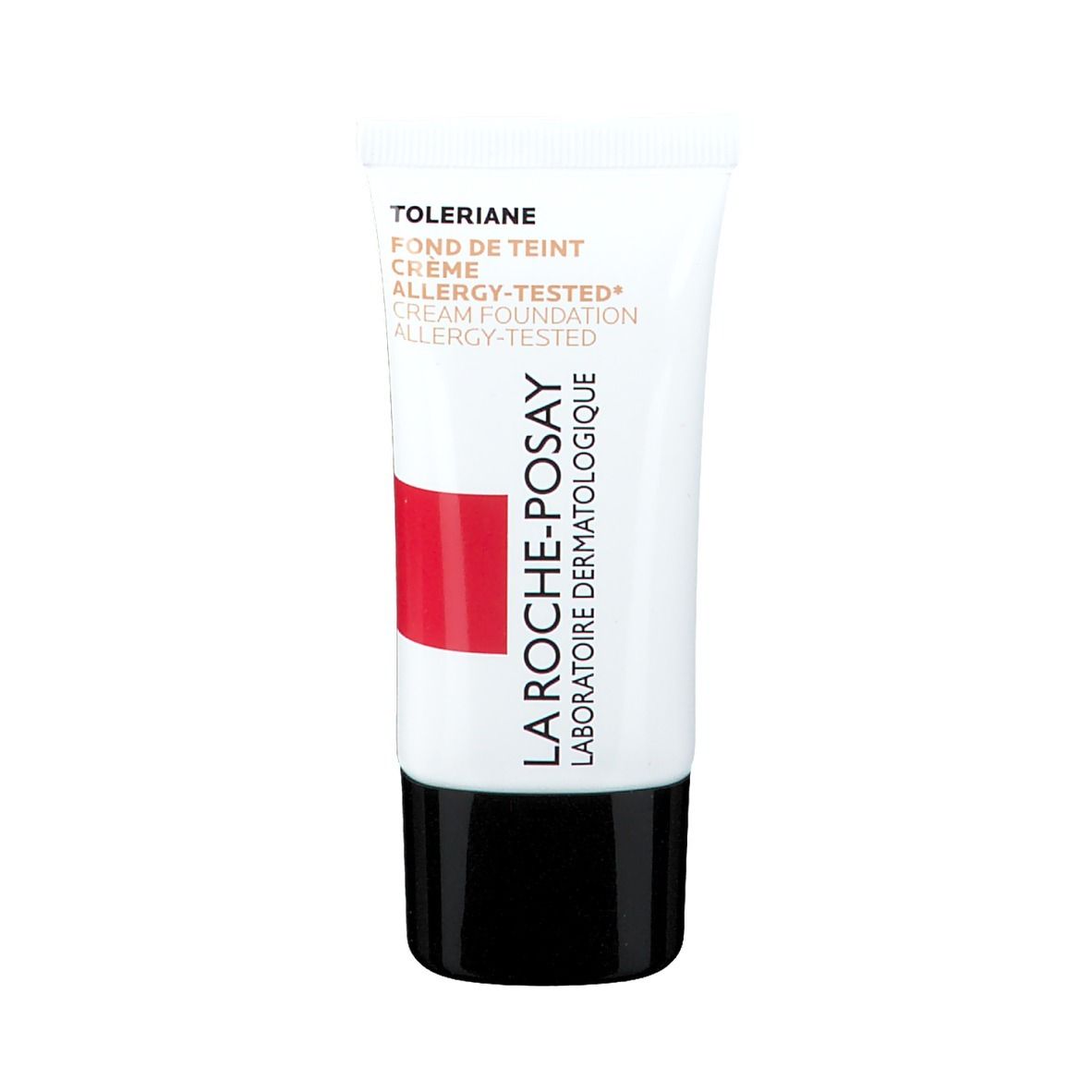 Toleriane Creme Make-up Tube. Weiß, mit rotem Streifen und schwarzem Deckel. Schriftzug: La Roche-Posay.