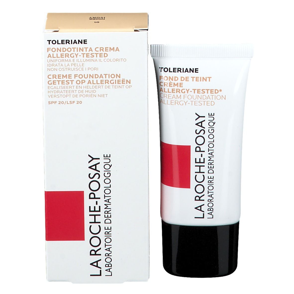 Toleriane Creme Make-up Tube und Umverpackung. Weiß mit rotem Streifen. Text: La Roche-Posay, Creme Foundation.