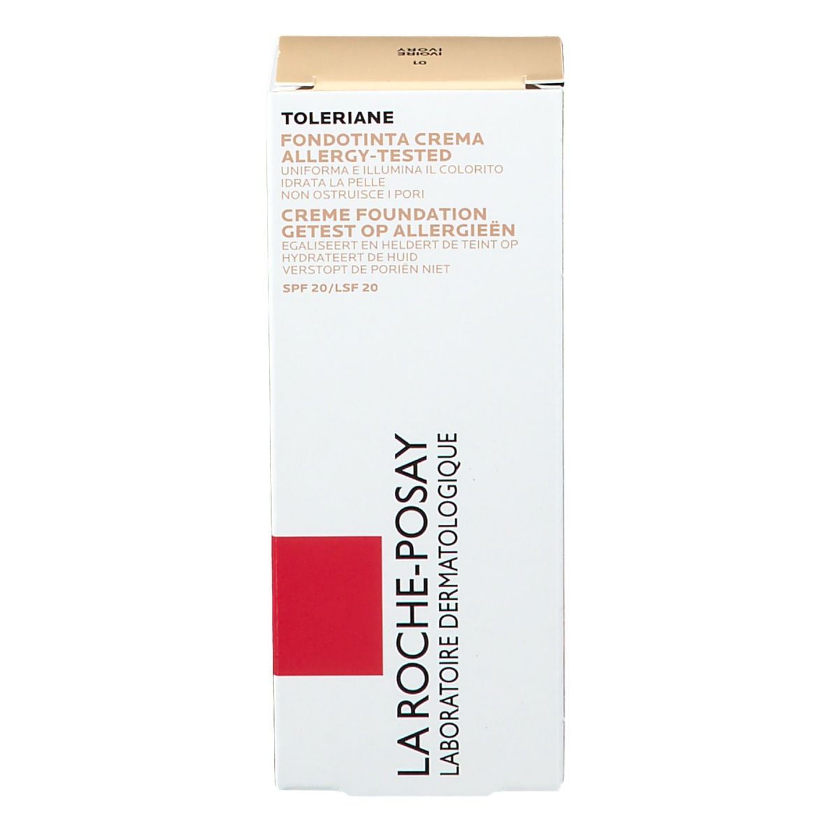 Umverpackung der Toleriane Creme Make-up. Weiß mit rotem Streifen. Text: La Roche-Posay, Creme Foundation, SPF 20.