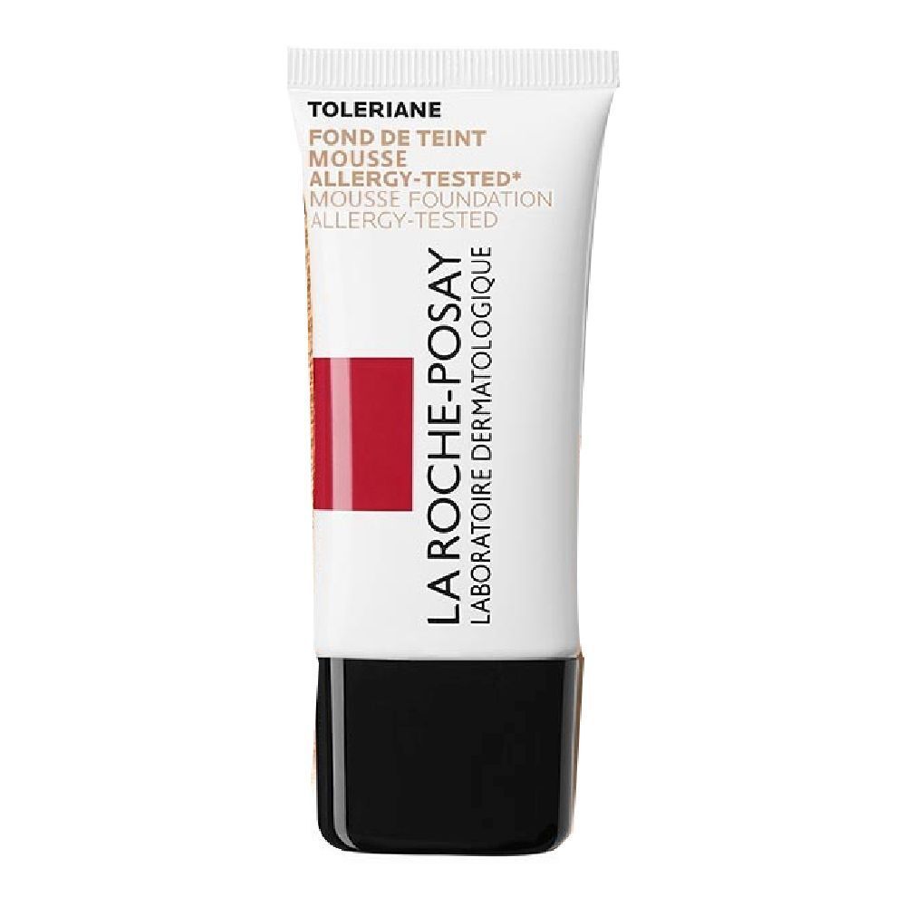 Tube blanc à bouchon noir. Inscription: Toleriane, Fond de Teint Mousse, Allergy-Tested. Marque: La Roche-Posay.