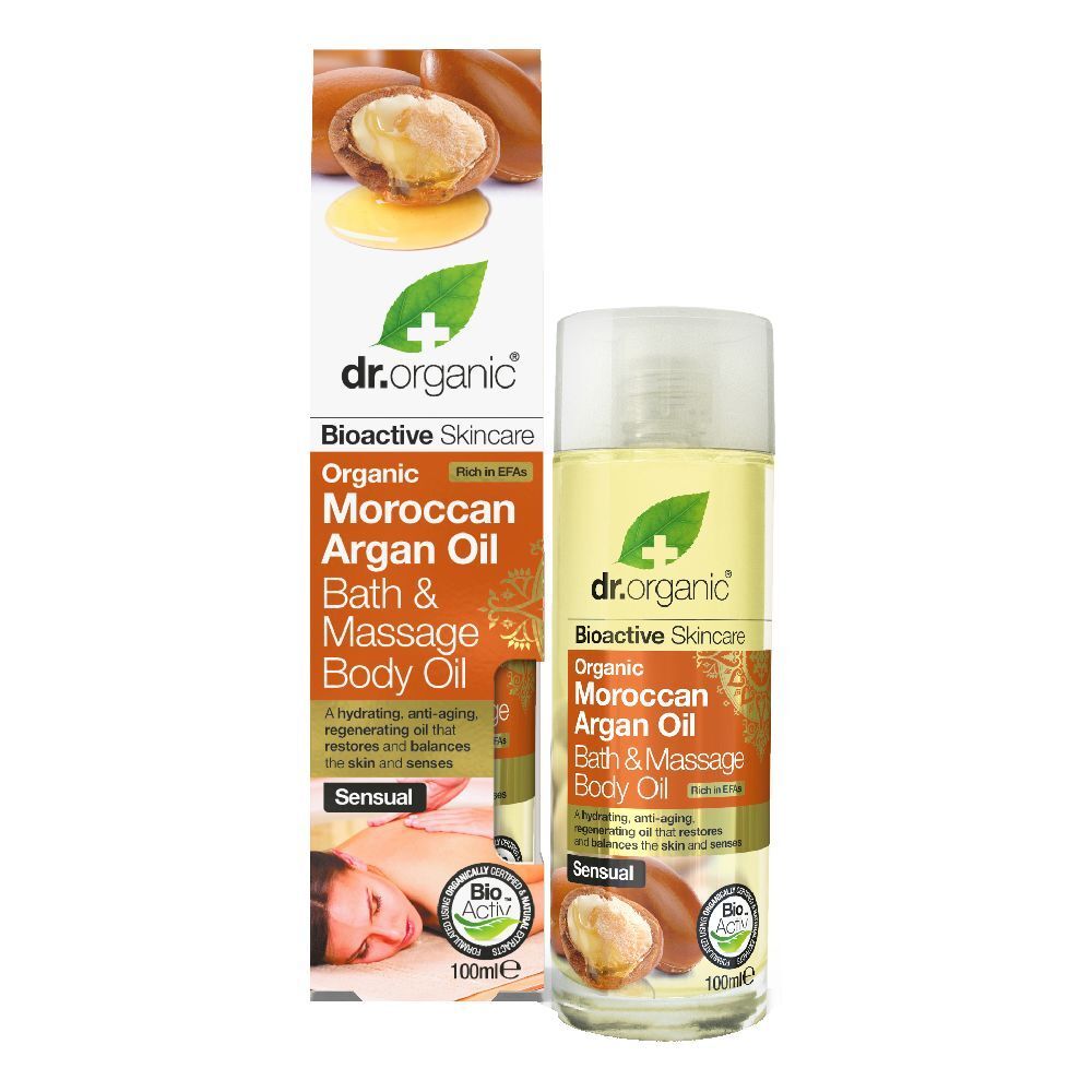 Flacon d'huile d'argan Dr. Organic et emballage. Flacon d'huile transparente. Emballage avec nom et image du produit.