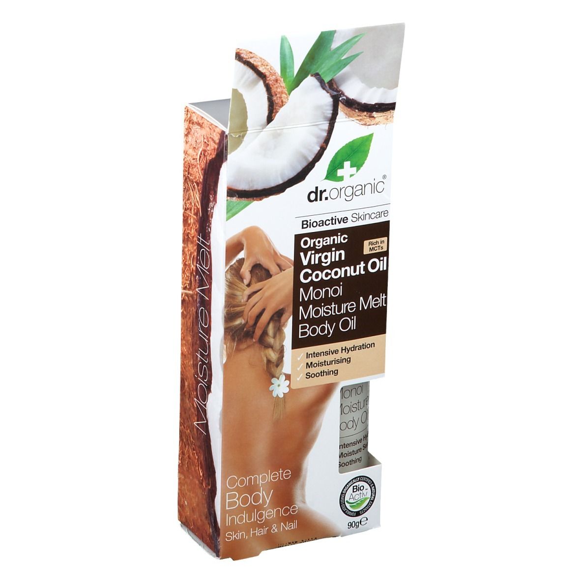 Verpackung mit Produktabbildung. Aufschrift: Dr. Organic, Organic Virgin Coconut Oil Monoi Moisture Melt Body Oil.