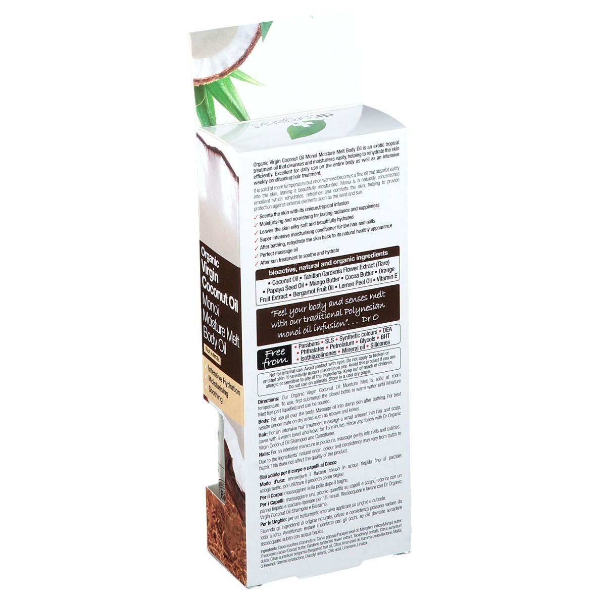 Rückseite der Verpackung mit Text. Aufschrift: Organic Virgin Coconut Oil Monoi Moisture Melt Body Oil. Inhaltsstoffe und Anwendung.