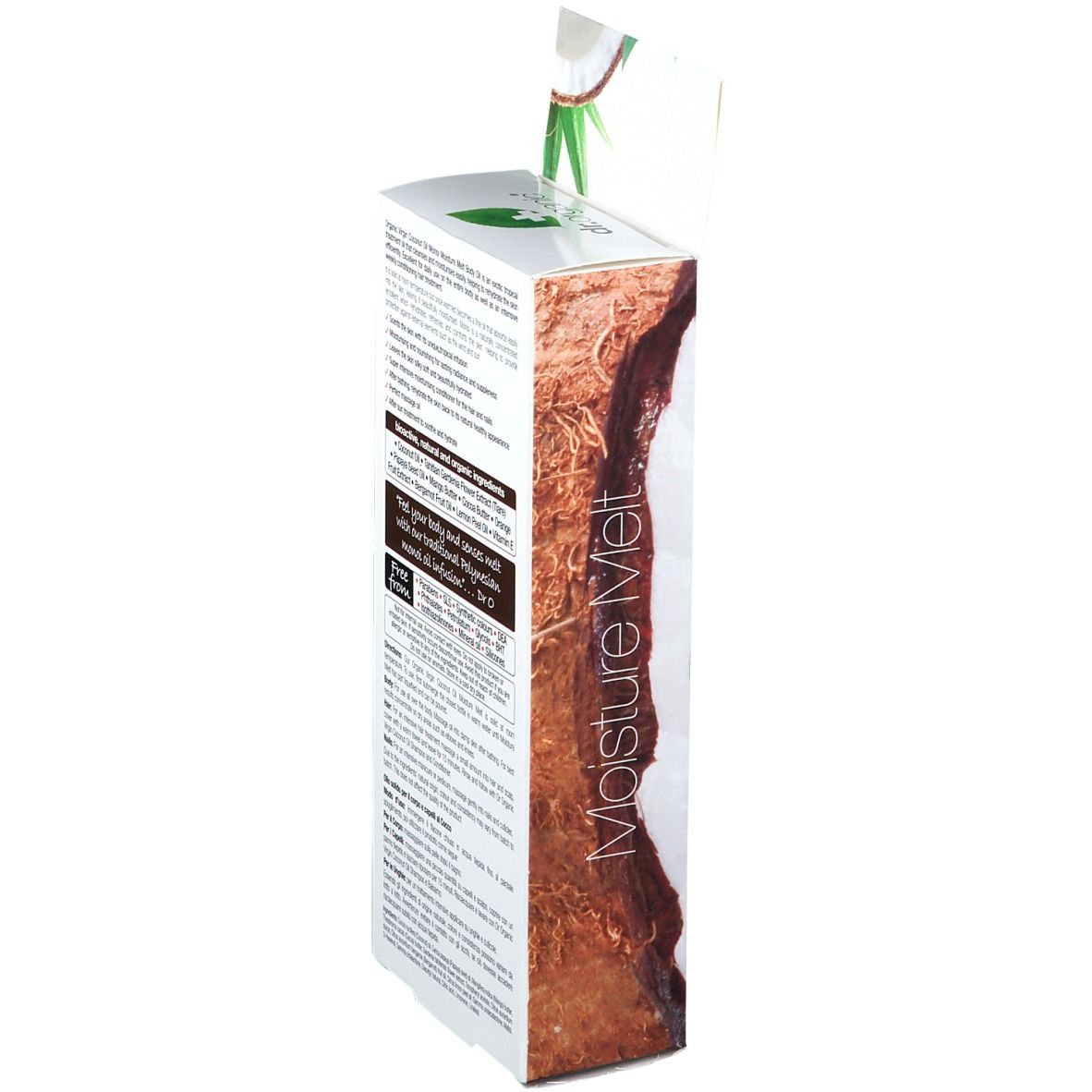Verpackung mit Text. Aufschrift: Organic Virgin Coconut Oil Monoi Moisture Melt Body Oil. Inhaltsstoffe und Anwendung.