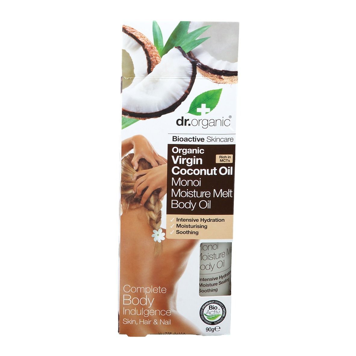 Verpackung mit Produktabbildung. Aufschrift: Dr. Organic, Organic Virgin Coconut Oil Monoi Moisture Melt Body Oil.