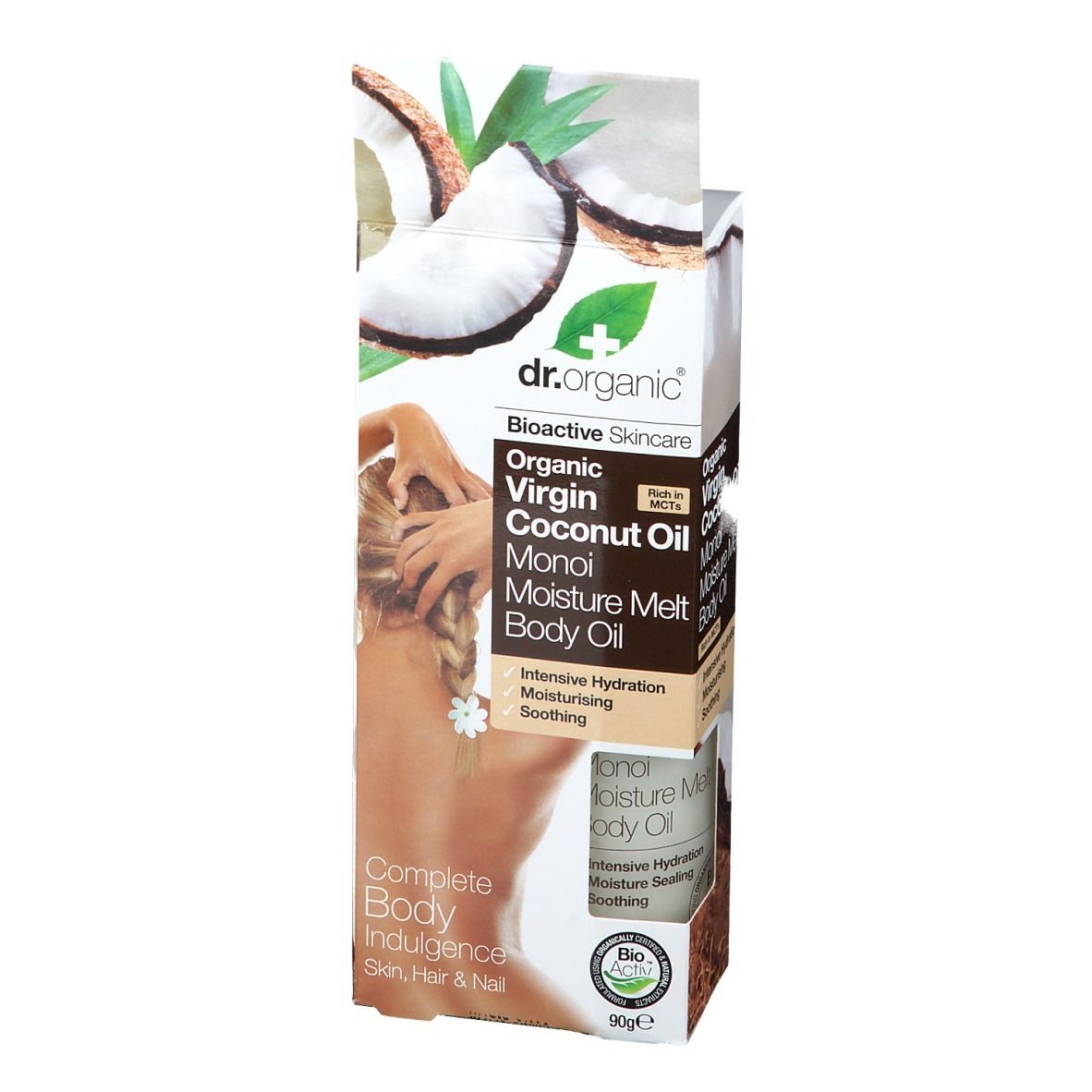 Verpackung mit Produktabbildung. Aufschrift: Dr. Organic, Organic Virgin Coconut Oil Monoi Moisture Melt Body Oil.