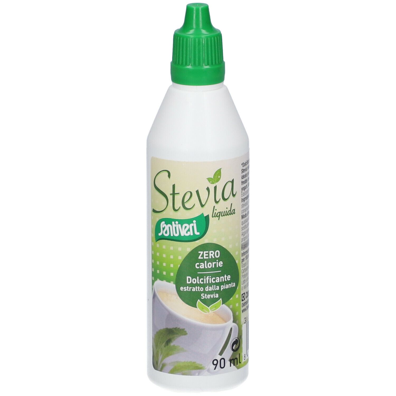 Weiße Flasche mit grünem Deckel. Etikett mit "Stevia liquida" und "Zero calorie".