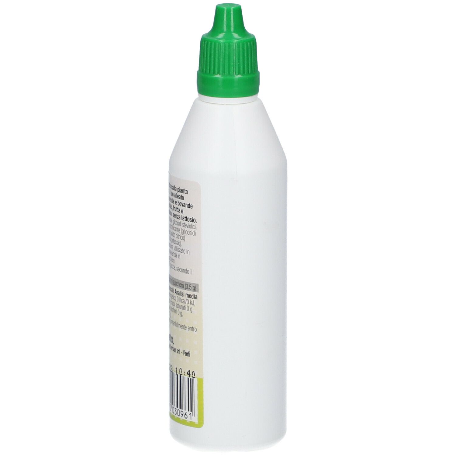 Weiße Flasche mit grünem Deckel. Rückseite mit Text und Barcode.
